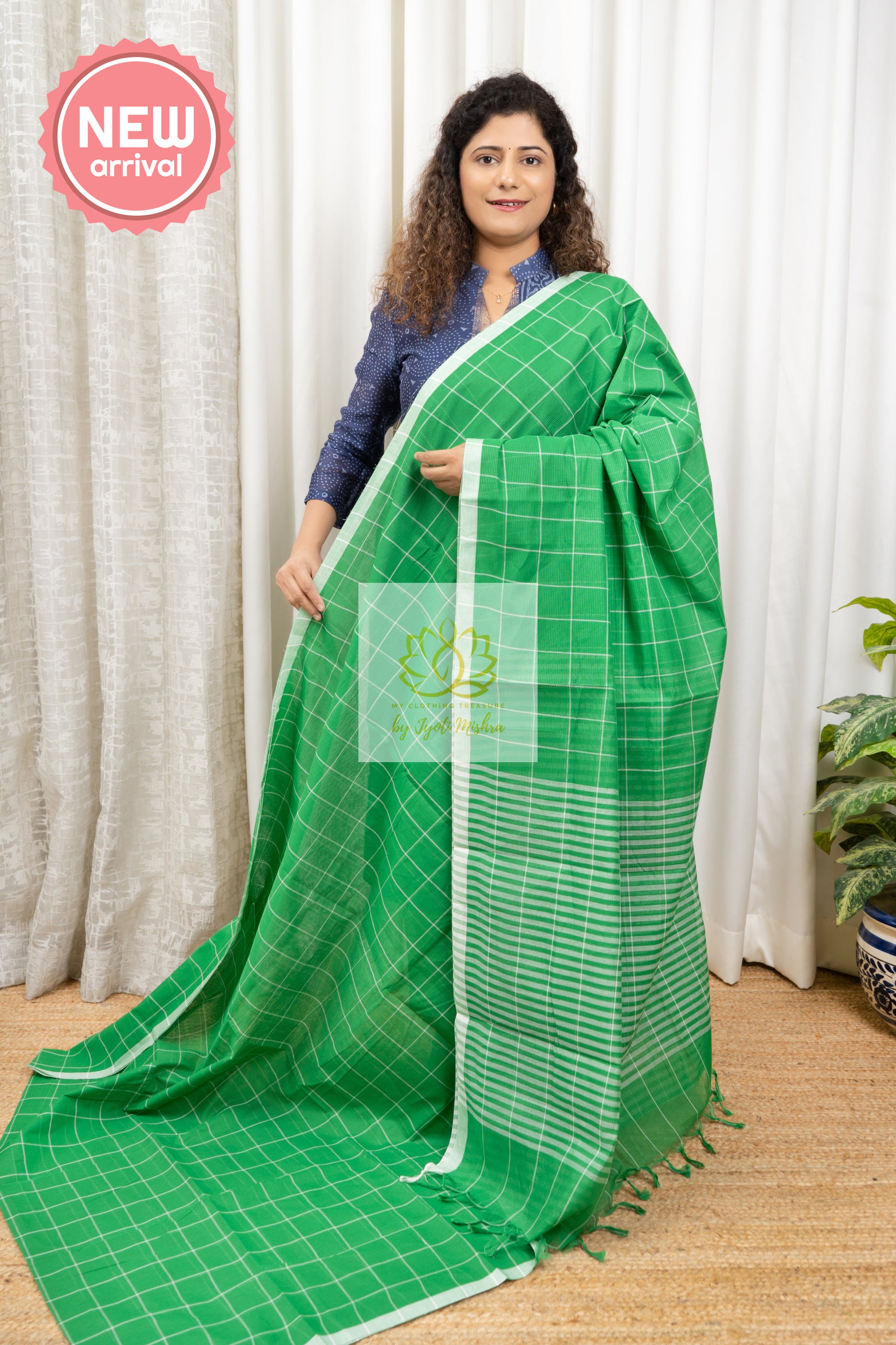 Handwoven Mangalagiri Cotton Checks Saree- Green