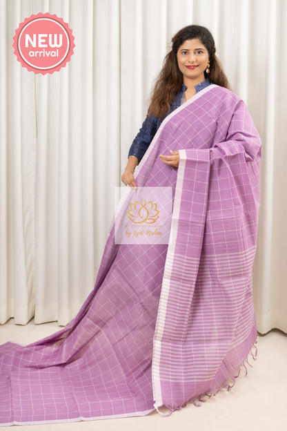 Handwoven Mangalagiri Cotton Checks Saree- Lavender