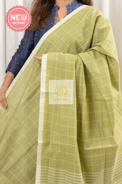 Handwoven Mangalagiri Cotton Checks Saree- Light Olive