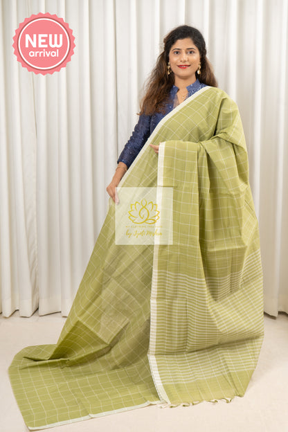 Handwoven Mangalagiri Cotton Checks Saree- Light Olive