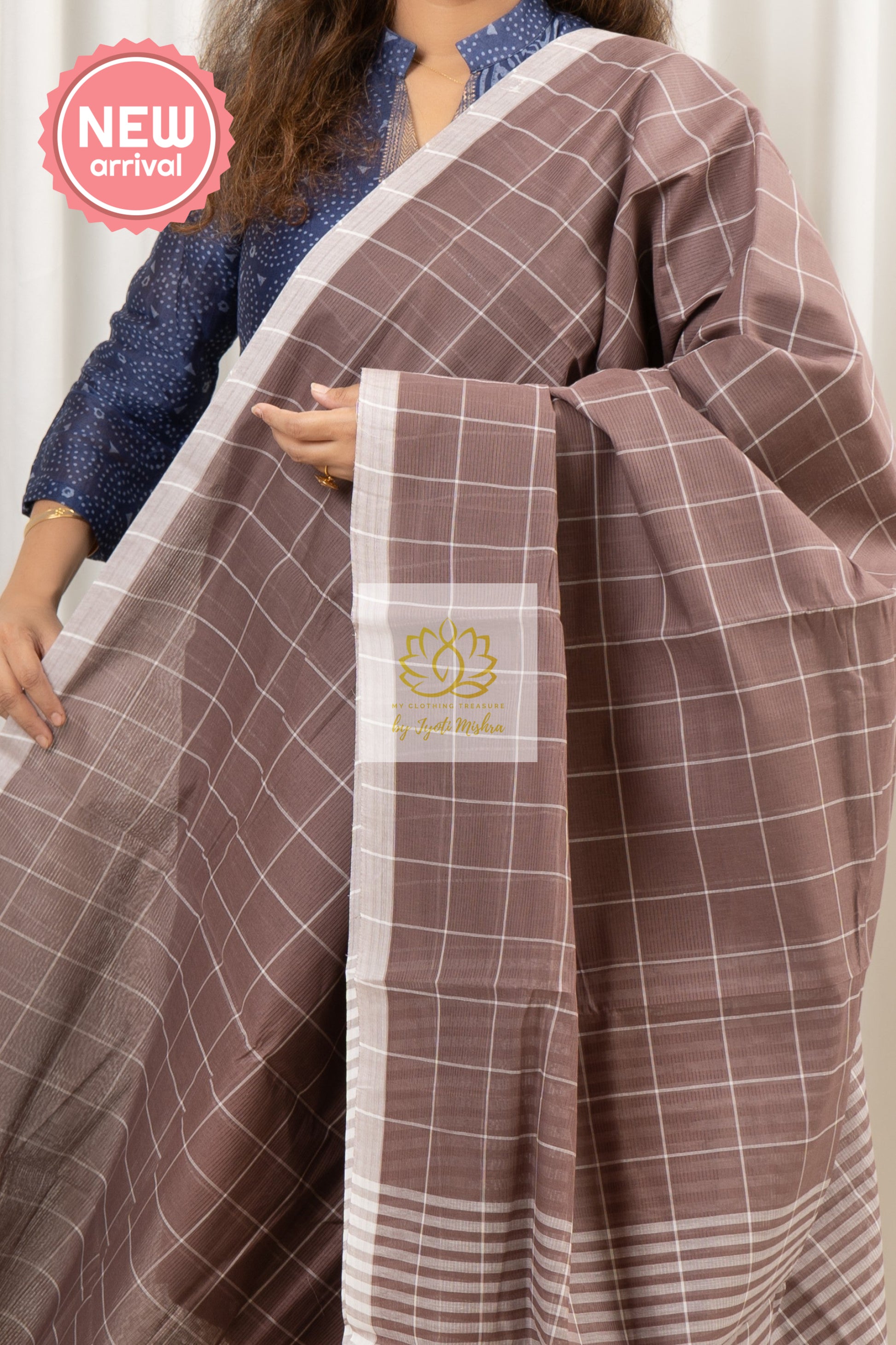 Handwoven Mangalagiri Cotton Checks Saree- Mauve Brown