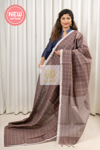 Handwoven Mangalagiri Cotton Checks Saree- Mauve Brown