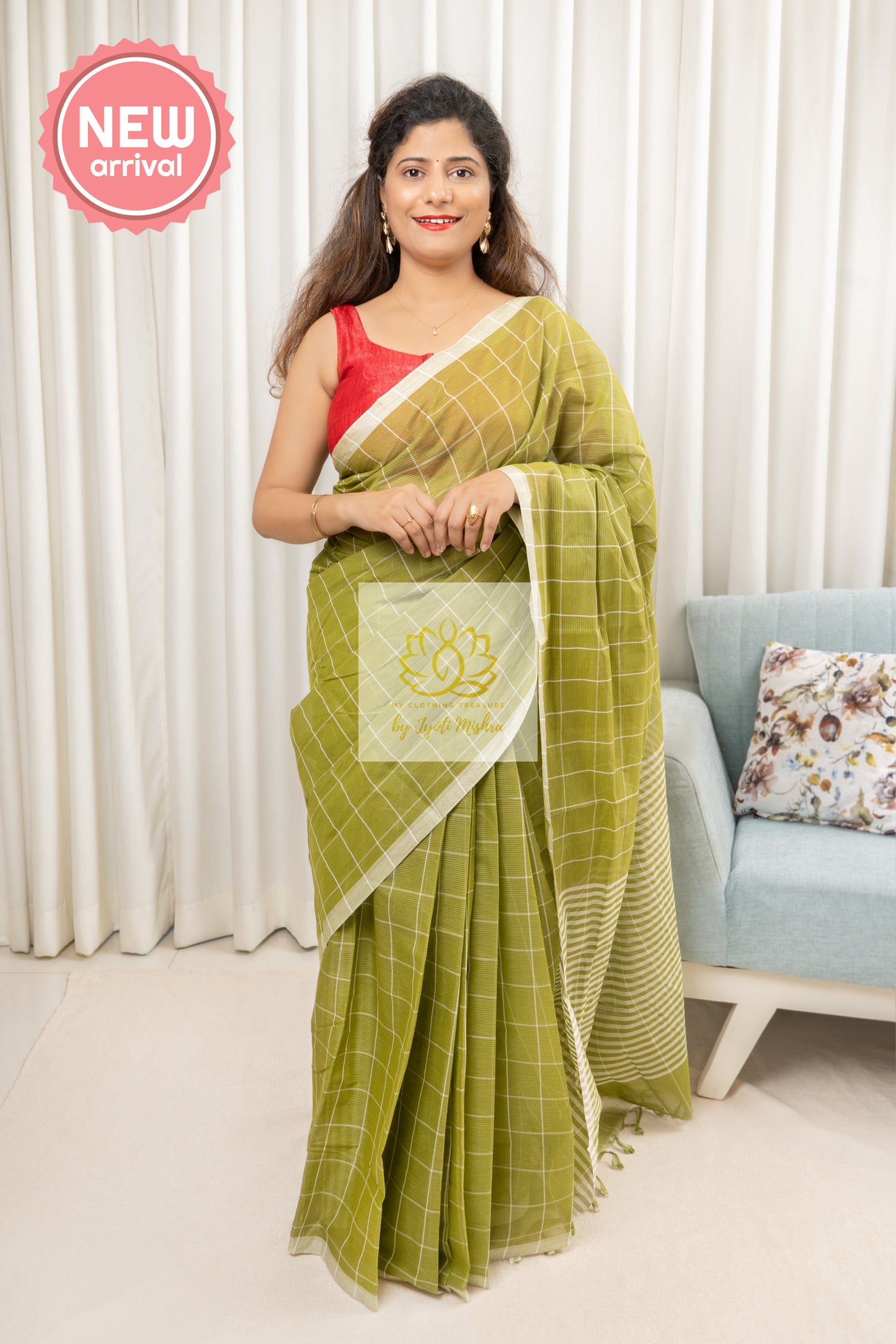 Handwoven Mangalagiri Cotton Checks Saree- Olive