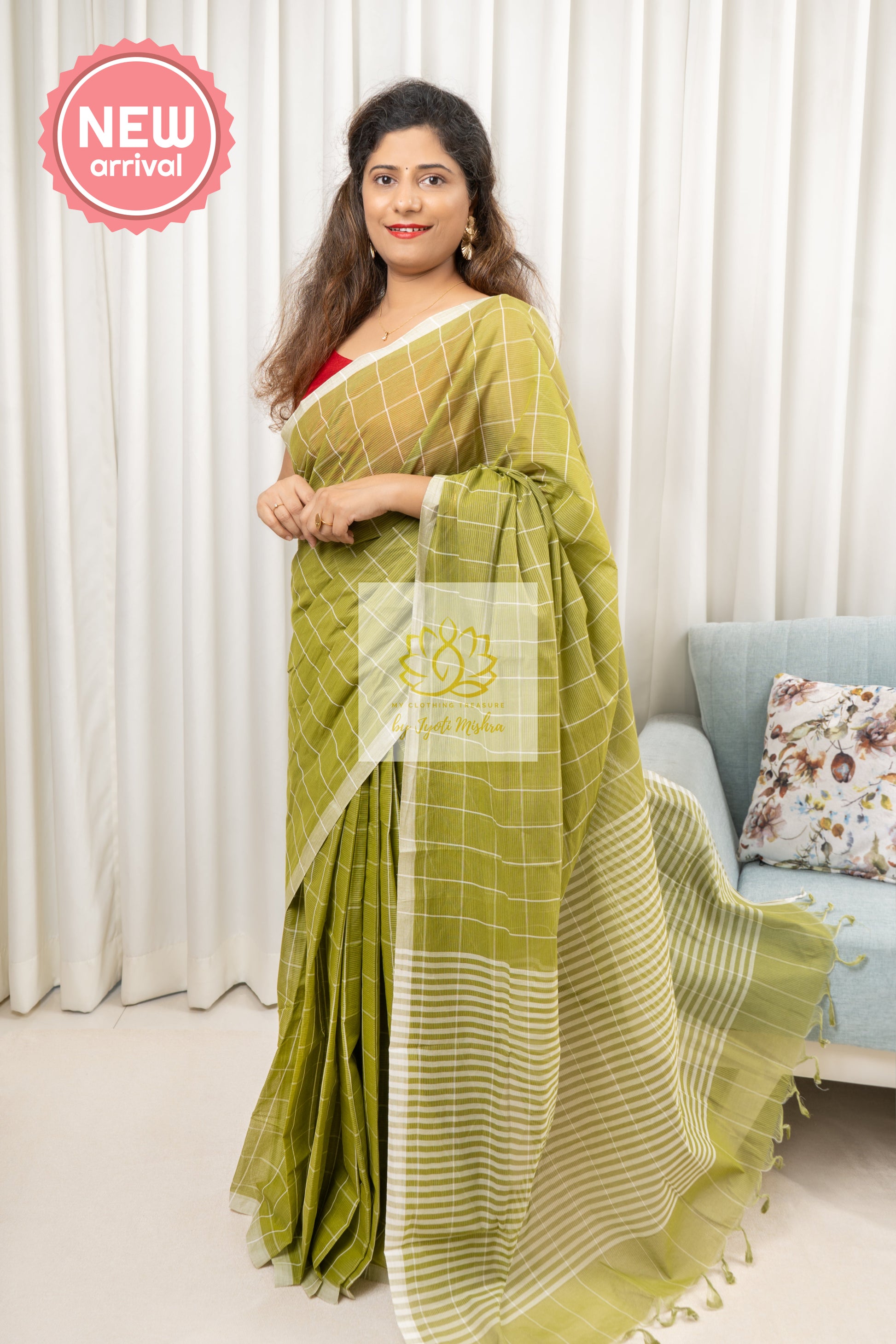 Handwoven Mangalagiri Cotton Checks Saree- Olive