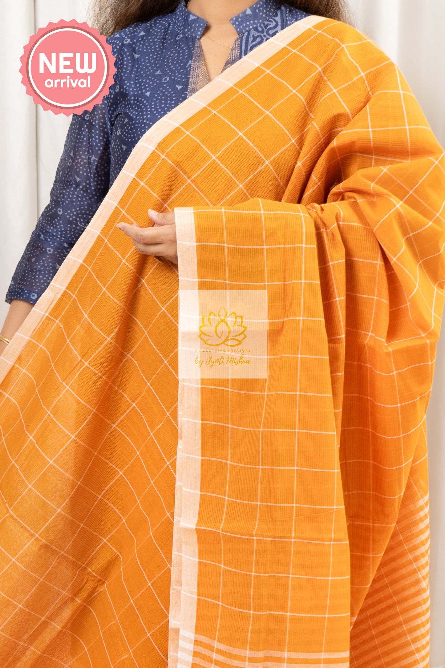 Handwoven Mangalagiri Cotton Checks Saree- Orange