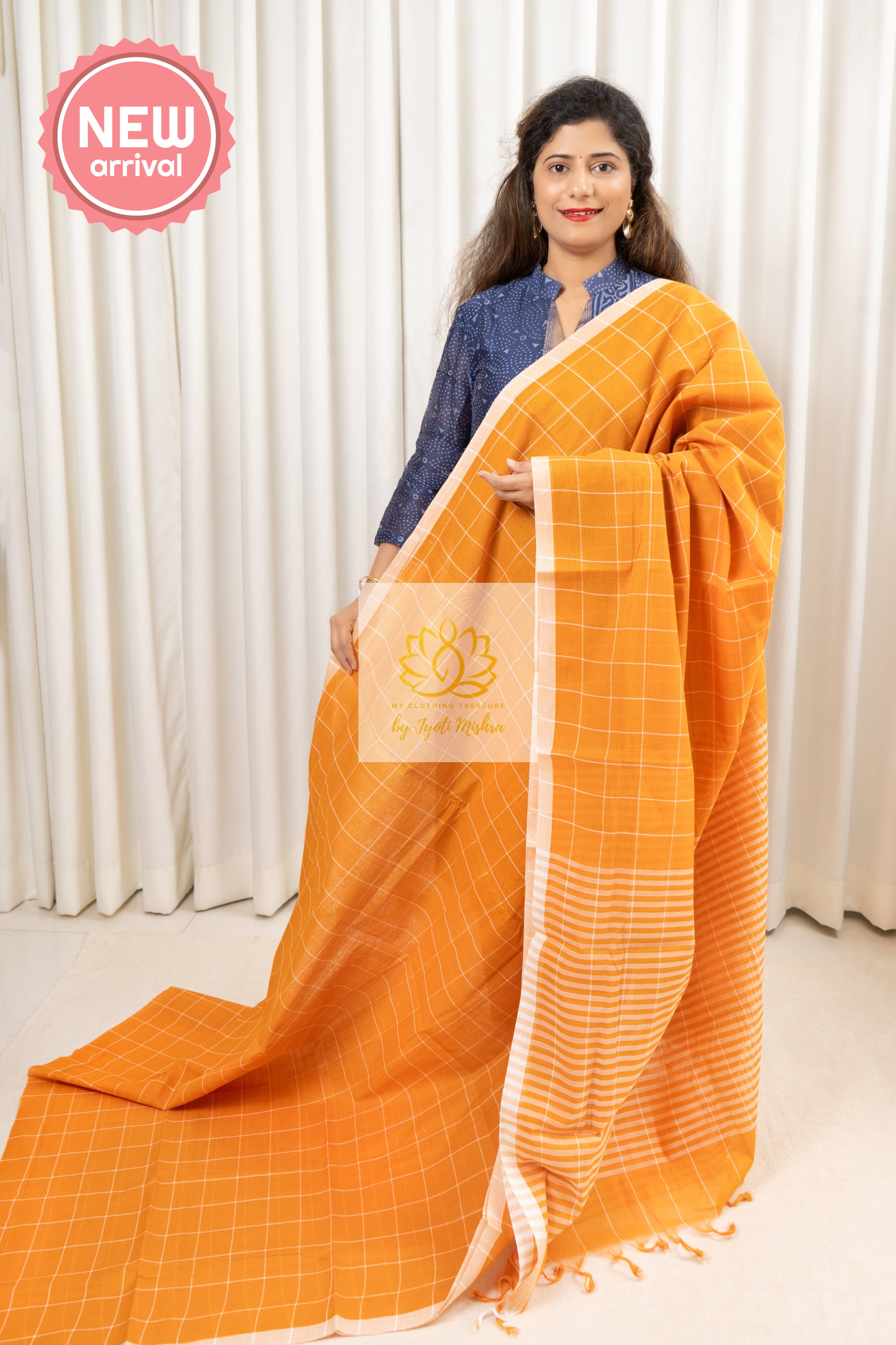 Handwoven Mangalagiri Cotton Checks Saree- Orange