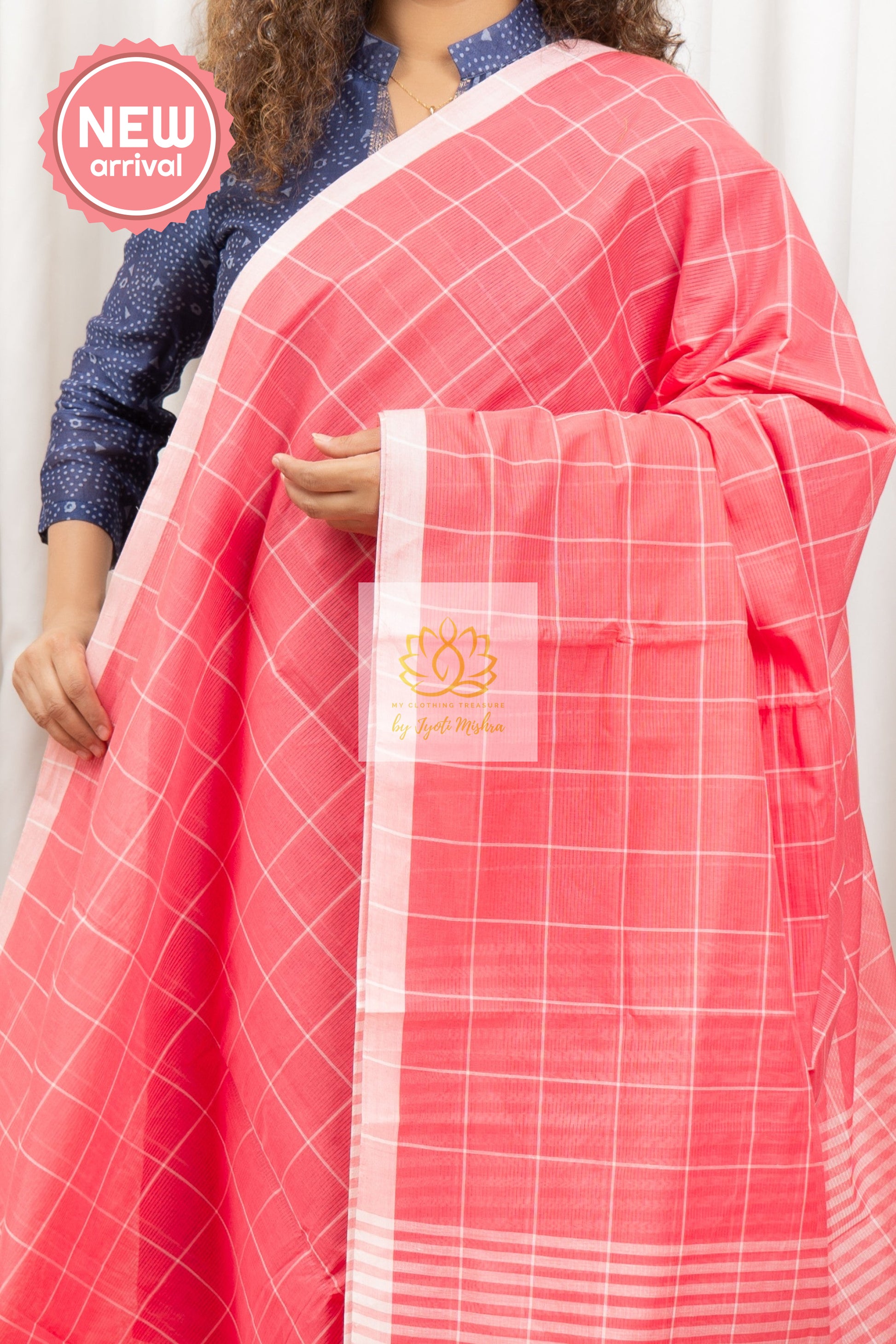 Handwoven Mangalagiri Cotton Checks Saree- Peachy Pink