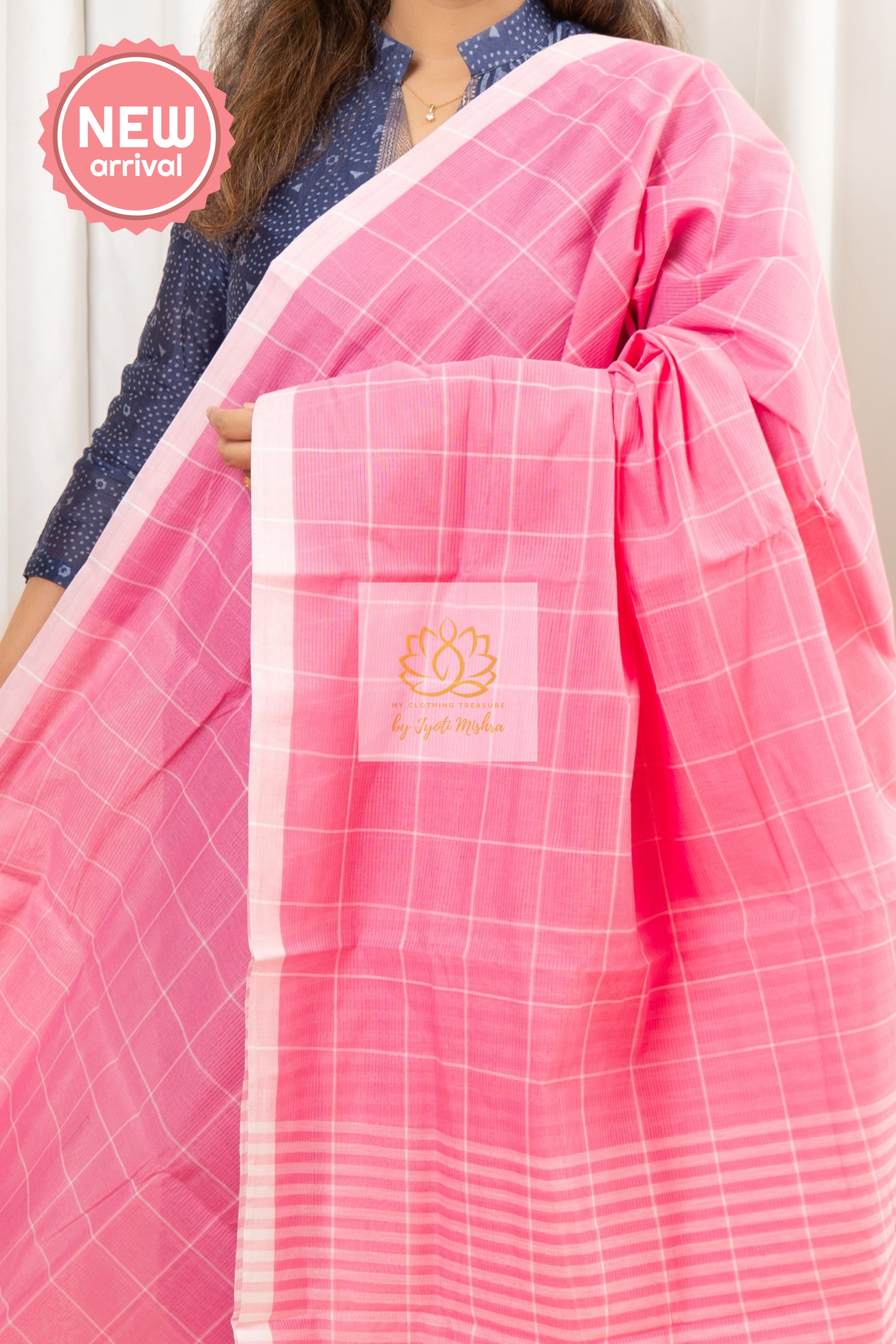 Handwoven Mangalagiri Cotton Checks Saree- Pink