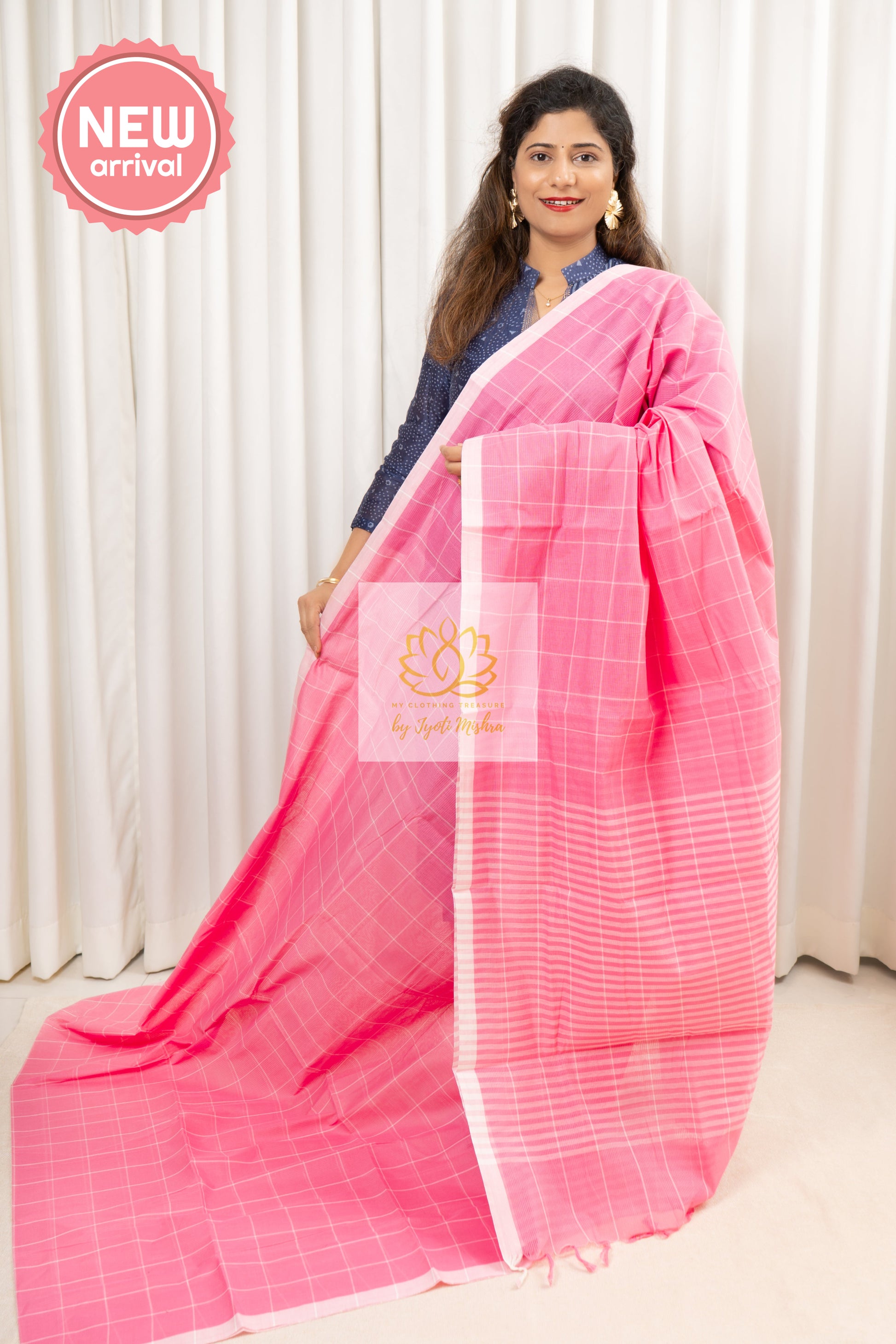 Handwoven Mangalagiri Cotton Checks Saree- Pink