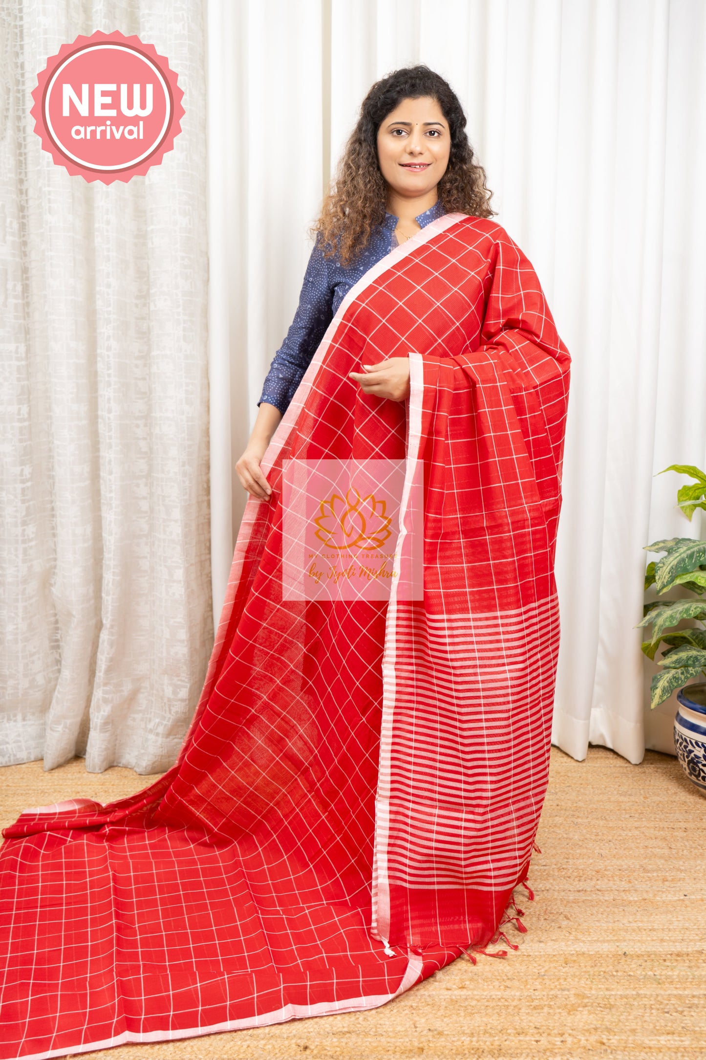 Handwoven Mangalagiri Cotton Checks Saree- Red