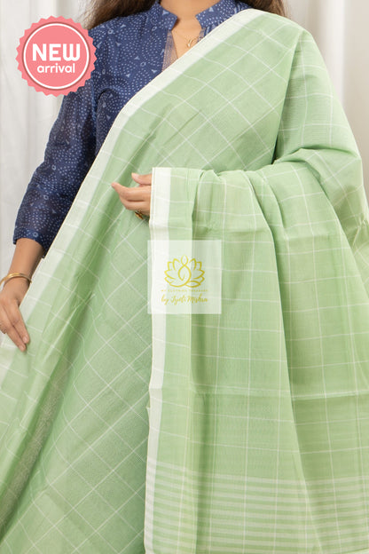 Handwoven Mangalagiri Cotton Checks Saree- Sage Green