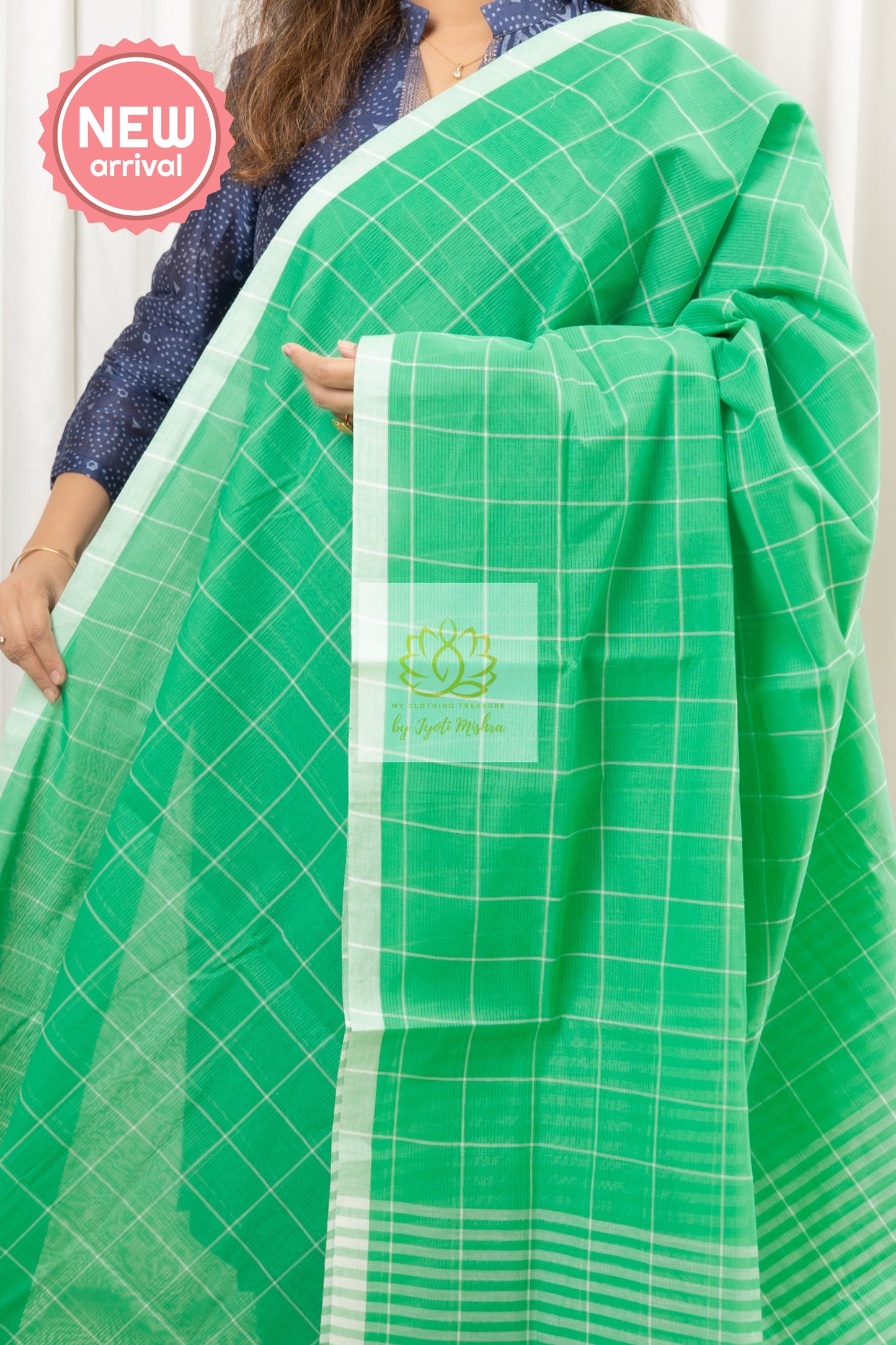 Handwoven Mangalagiri Cotton Checks Saree- Sea Green