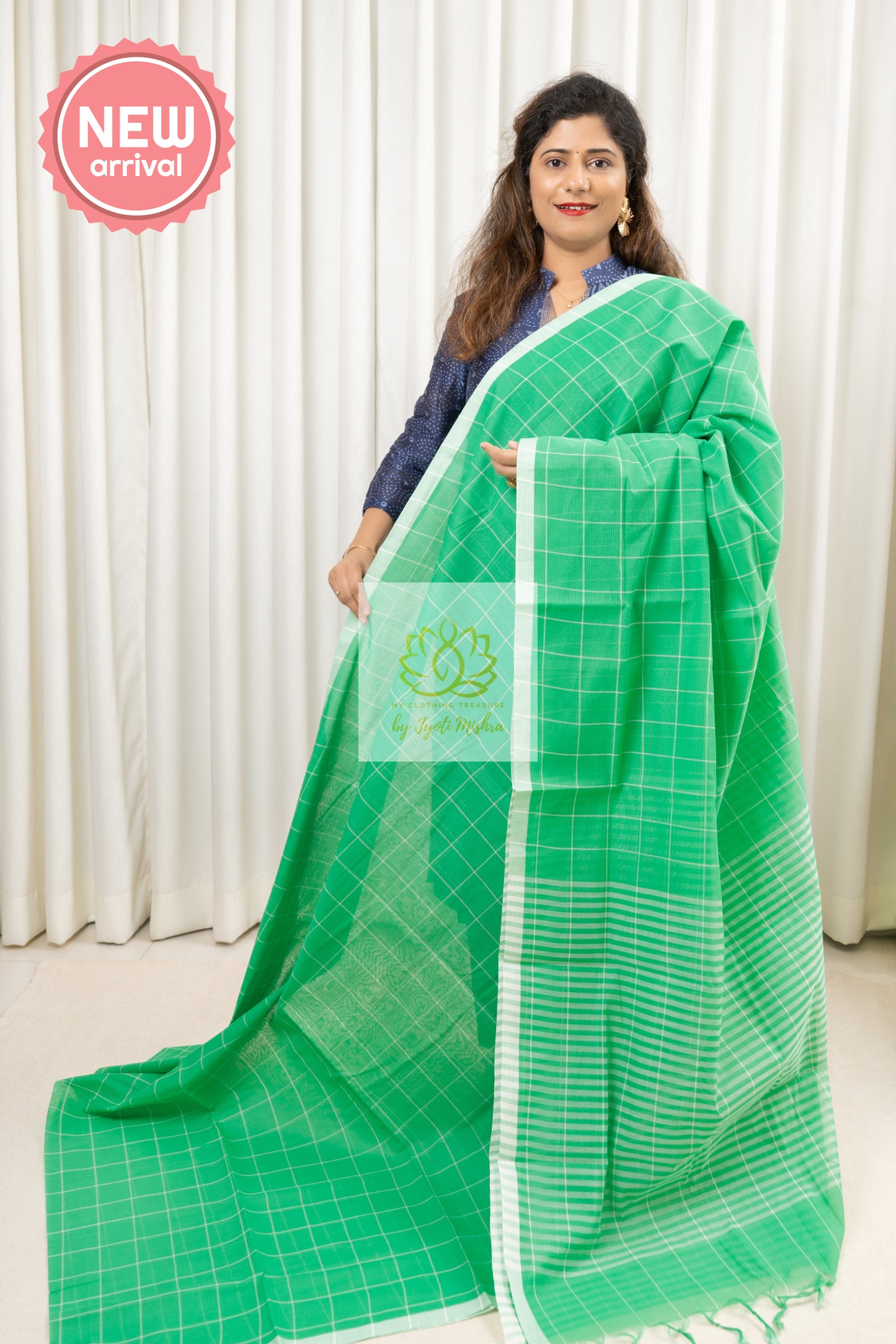 Handwoven Mangalagiri Cotton Checks Saree- Sea Green