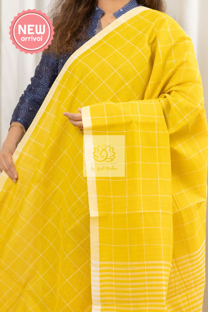 Handwoven Mangalagiri Cotton Checks Saree- Yellow