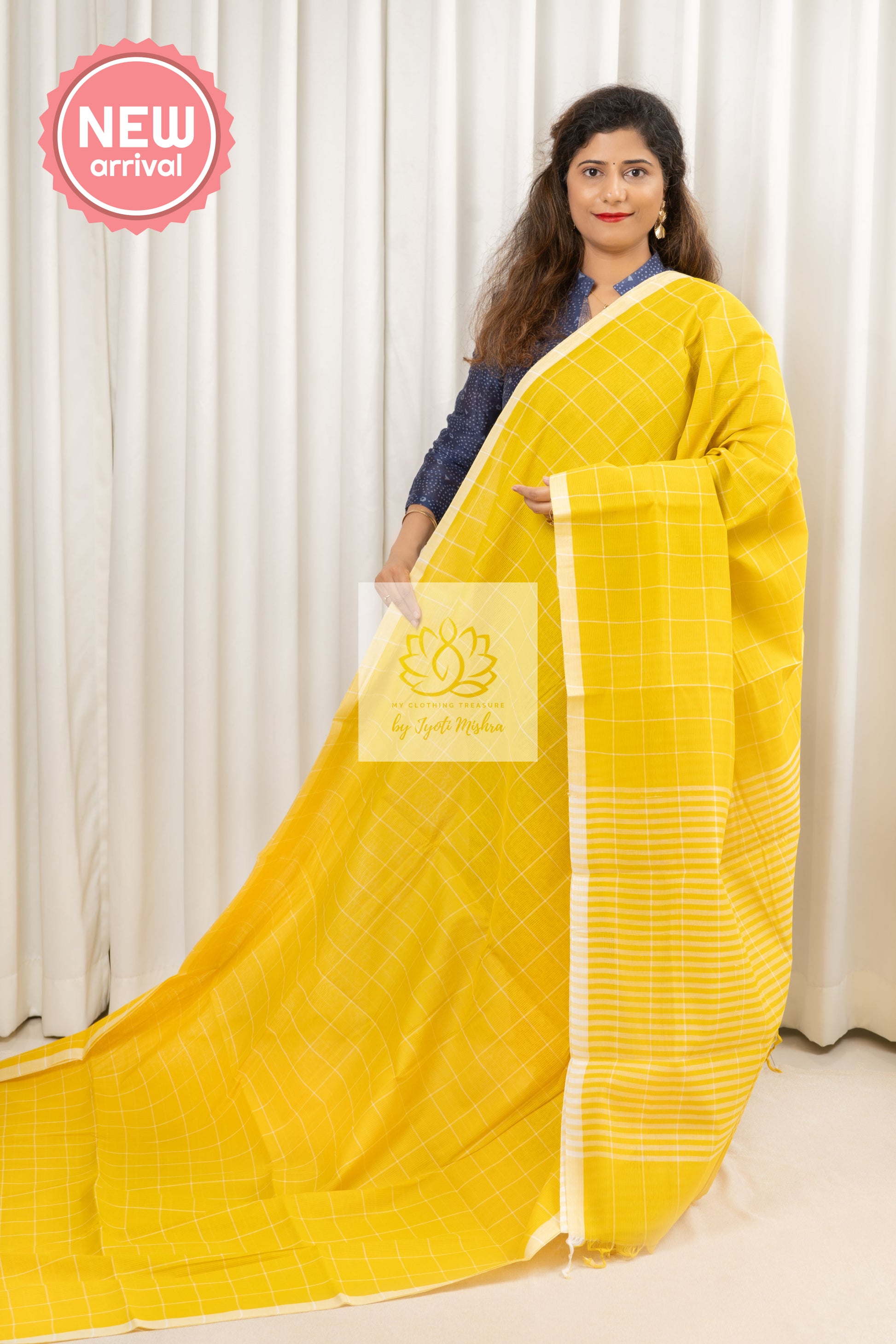 Handwoven Mangalagiri Cotton Checks Saree- Yellow