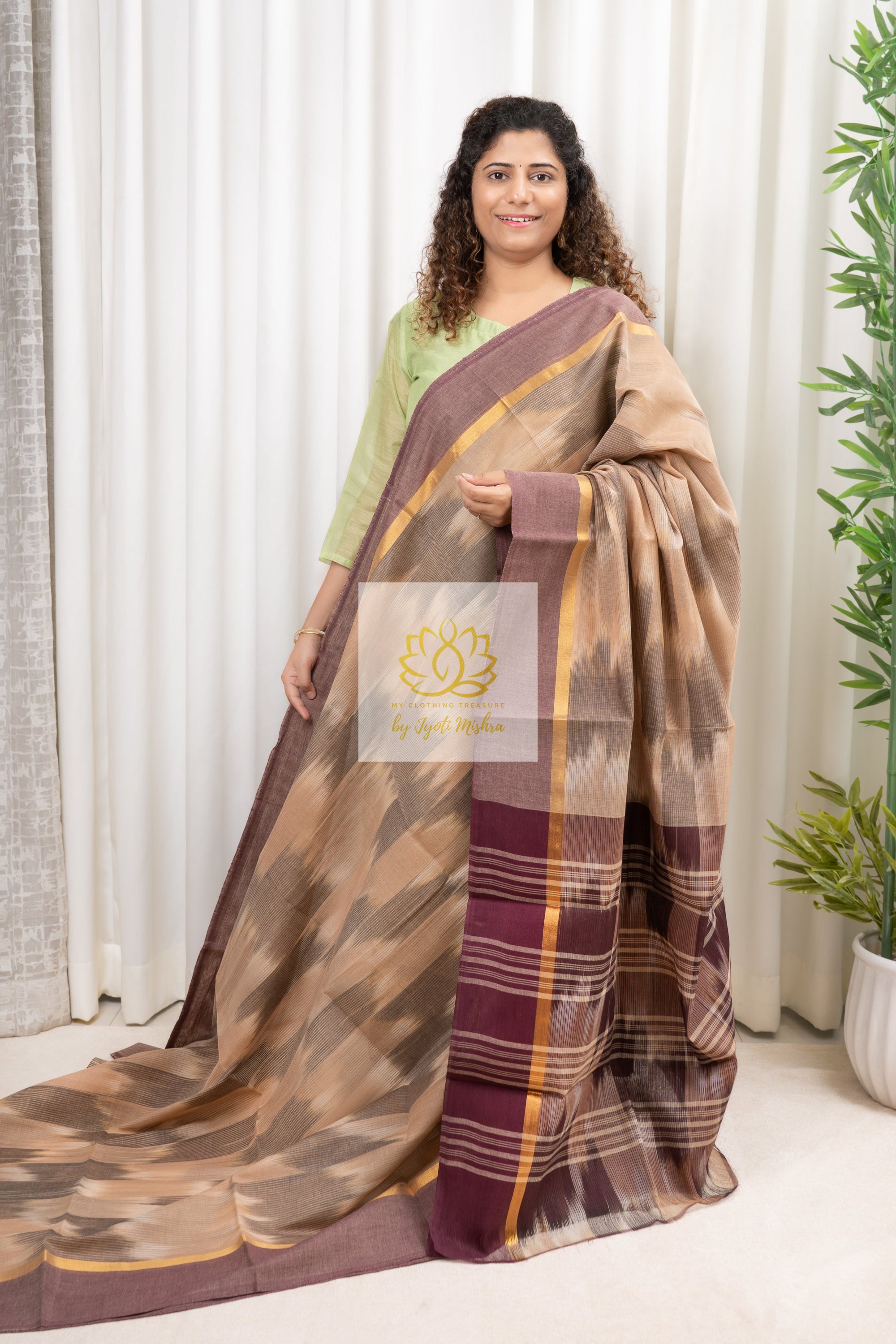 Handwoven Mangalagiri Cotton Ikkat Saree- Beige & Coffee