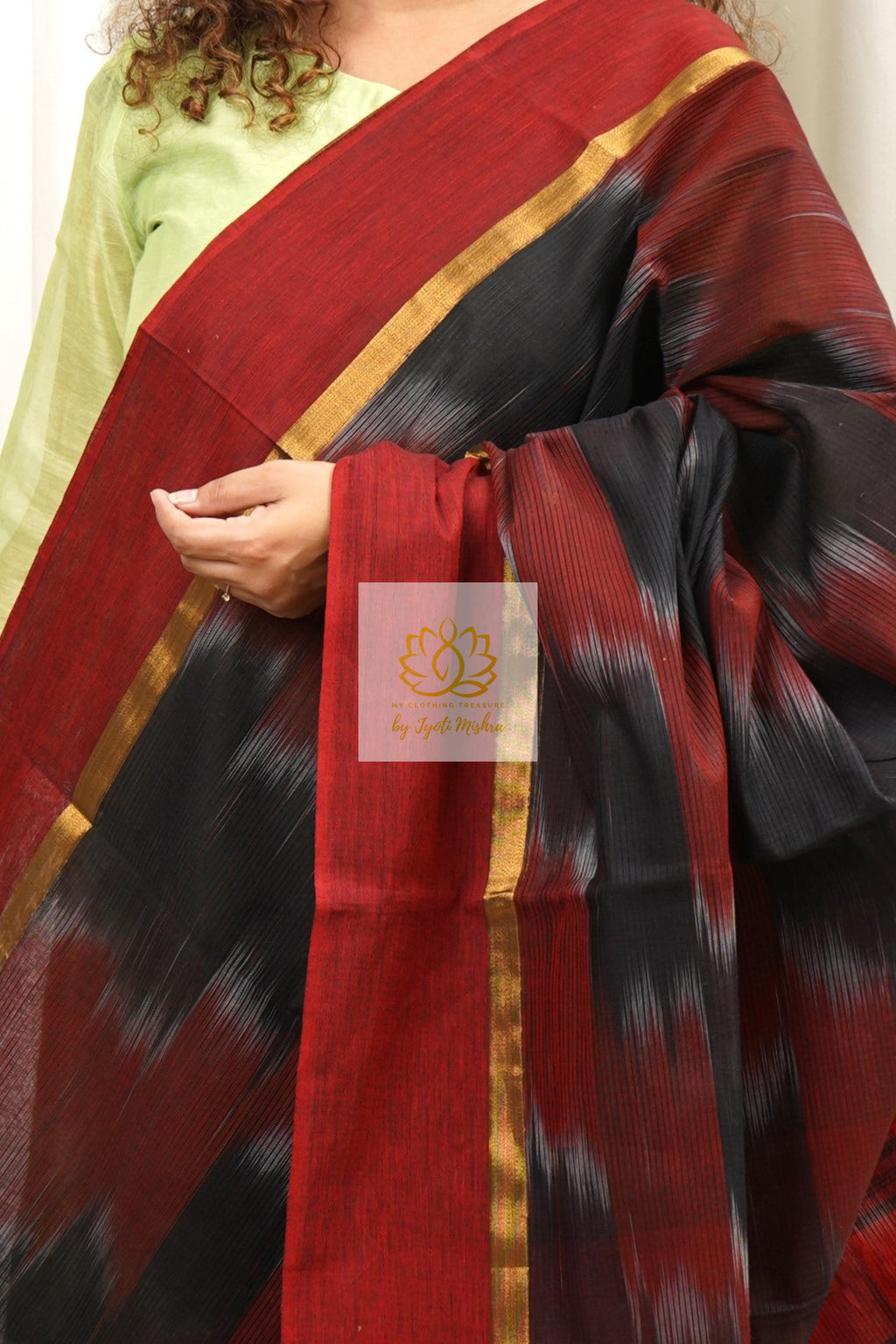 Handwoven Mangalagiri Cotton Ikkat Saree- Black & Red