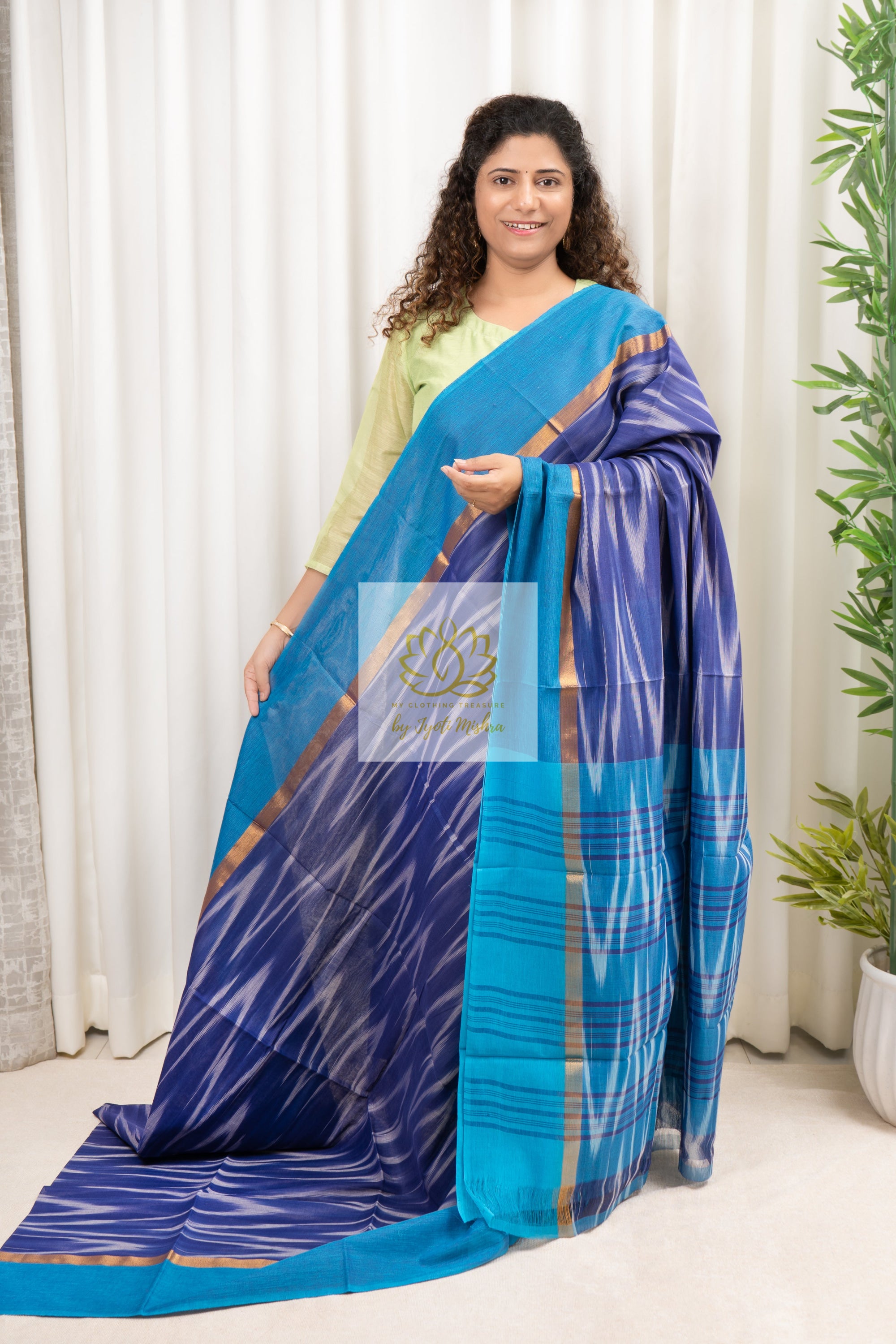 Handwoven Mangalagiri Cotton Ikkat Saree- Blue