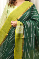 Load image into Gallery viewer, Handwoven Mangalagiri Cotton Ikkat Saree- Bottle Green &amp; Yellow
