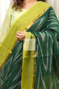 Handwoven Mangalagiri Cotton Ikkat Saree- Bottle Green & Yellow