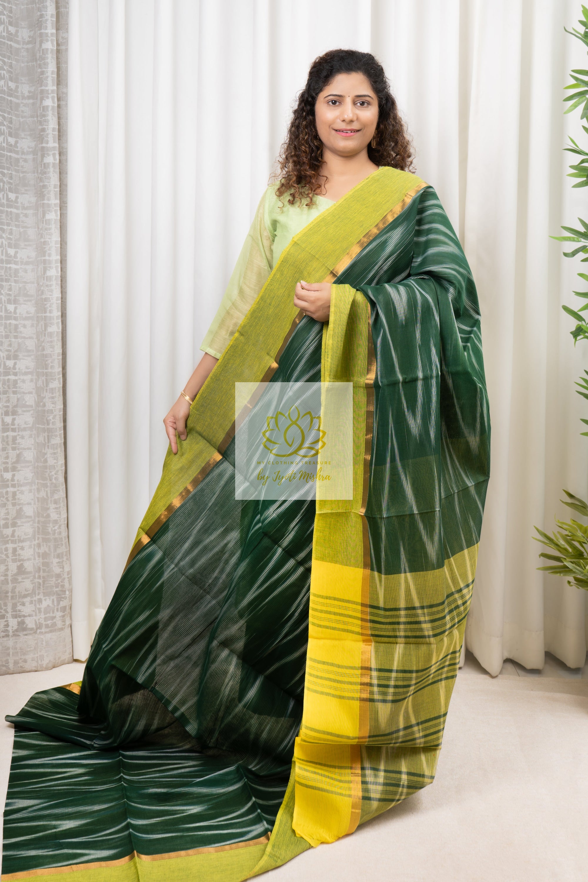 Handwoven Mangalagiri Cotton Ikkat Saree- Bottle Green & Yellow