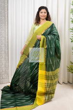 Load image into Gallery viewer, Handwoven Mangalagiri Cotton Ikkat Saree- Bottle Green &amp; Yellow
