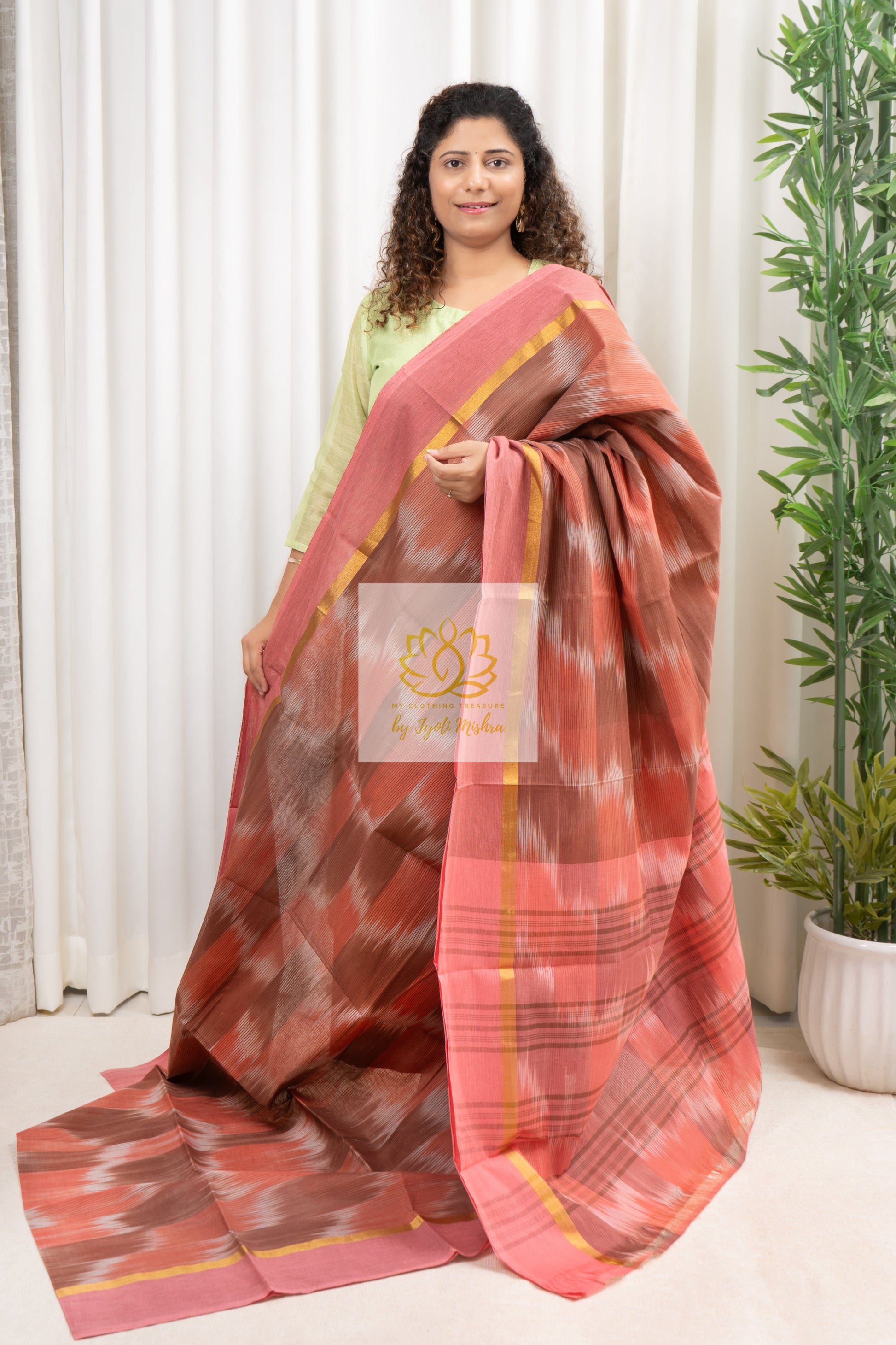 Handwoven Mangalagiri Cotton Ikkat Saree- Brown & Peach