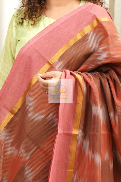 Handwoven Mangalagiri Cotton Ikkat Saree- Brown & Peach