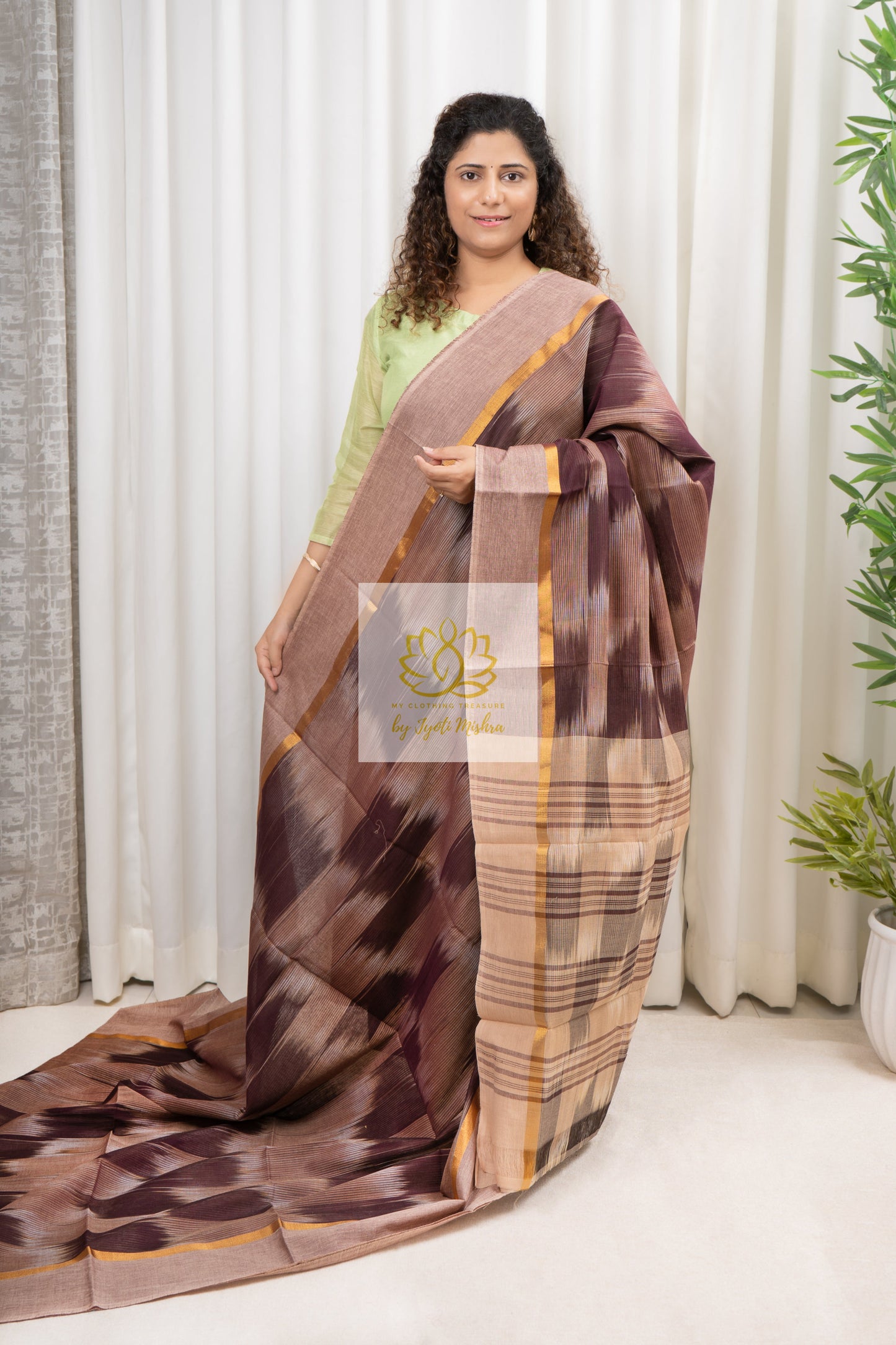 Handwoven Mangalagiri Cotton Ikkat Saree- Coffee & Beige 2