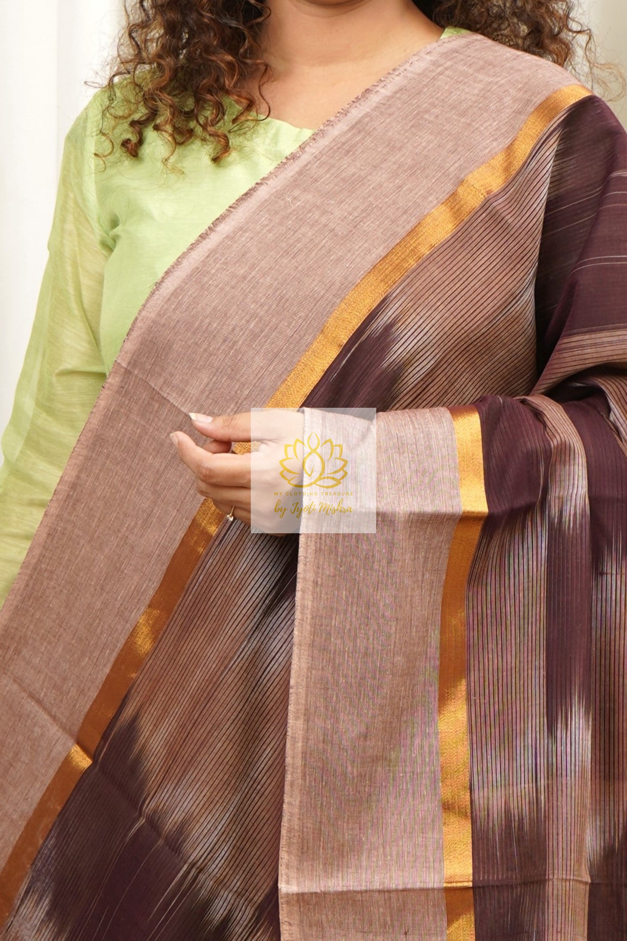 Handwoven Mangalagiri Cotton Ikkat Saree- Coffee & Beige 2