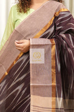 Load image into Gallery viewer, Handwoven Mangalagiri Cotton Ikkat Saree- Coffee &amp; Beige
