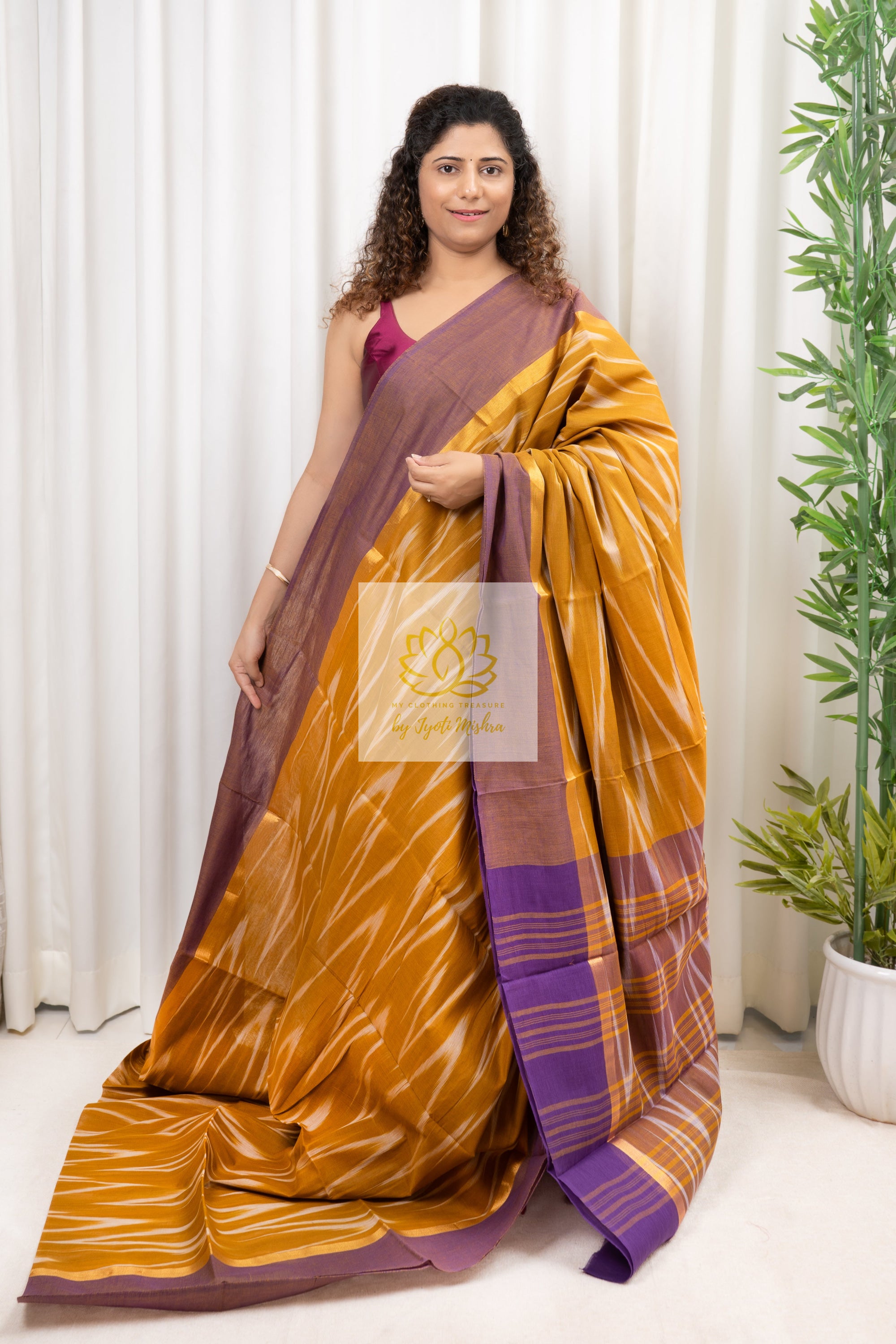 Handwoven Mangalagiri Cotton Ikkat Saree- Dark Yellow