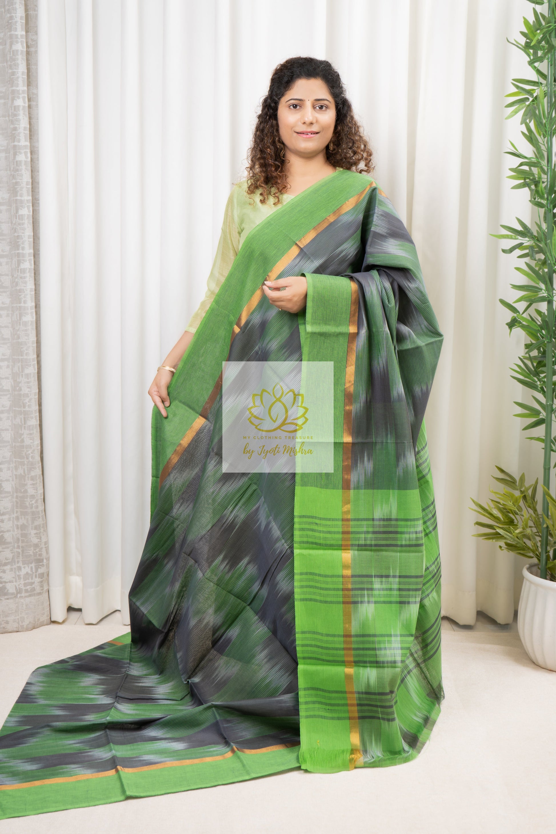 Handwoven Mangalagiri Cotton Ikkat Saree- Grey & Green