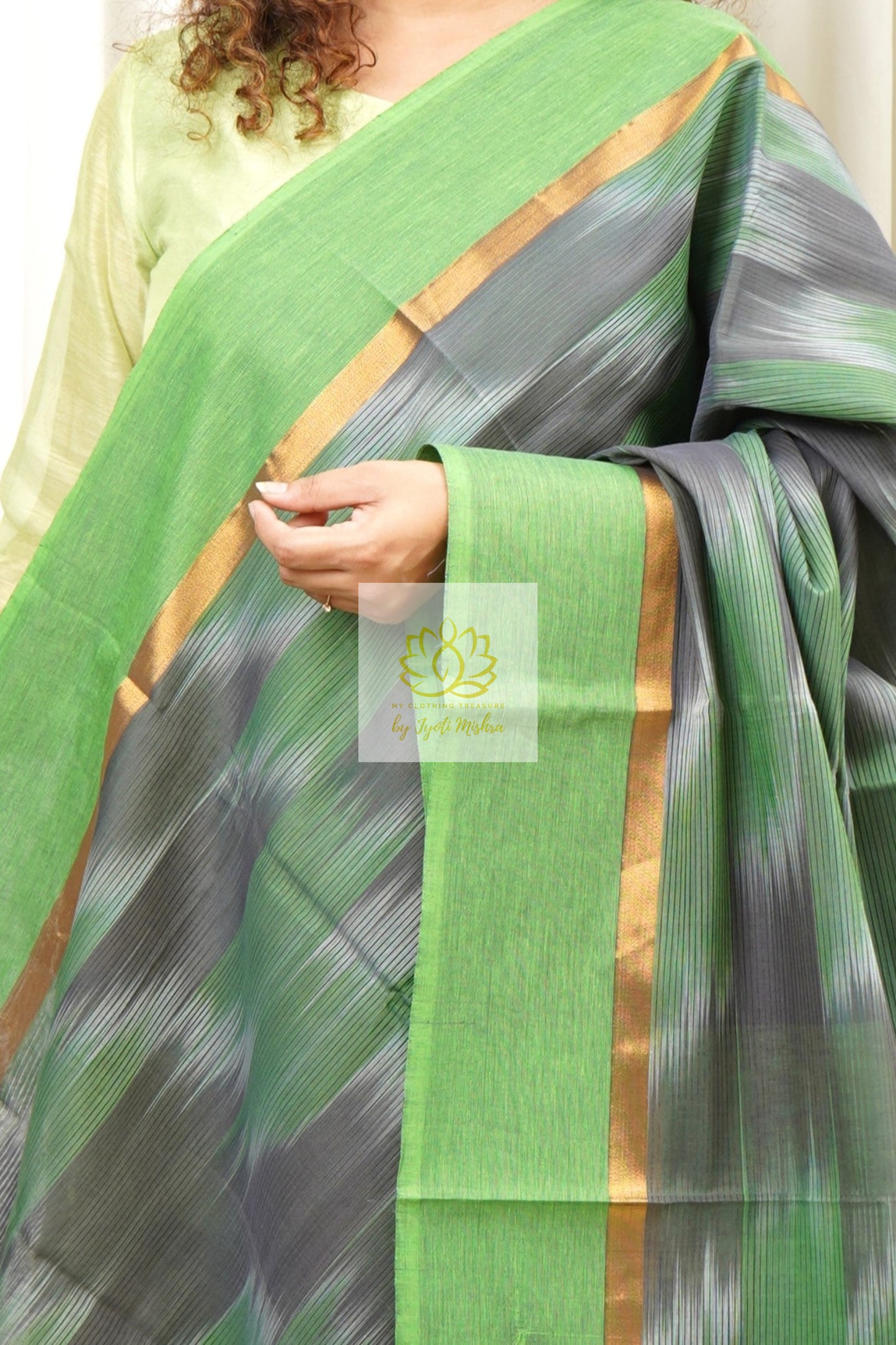 Handwoven Mangalagiri Cotton Ikkat Saree- Grey & Green