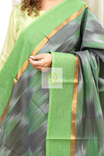 Load image into Gallery viewer, Handwoven Mangalagiri Cotton Ikkat Saree- Grey &amp; Green
