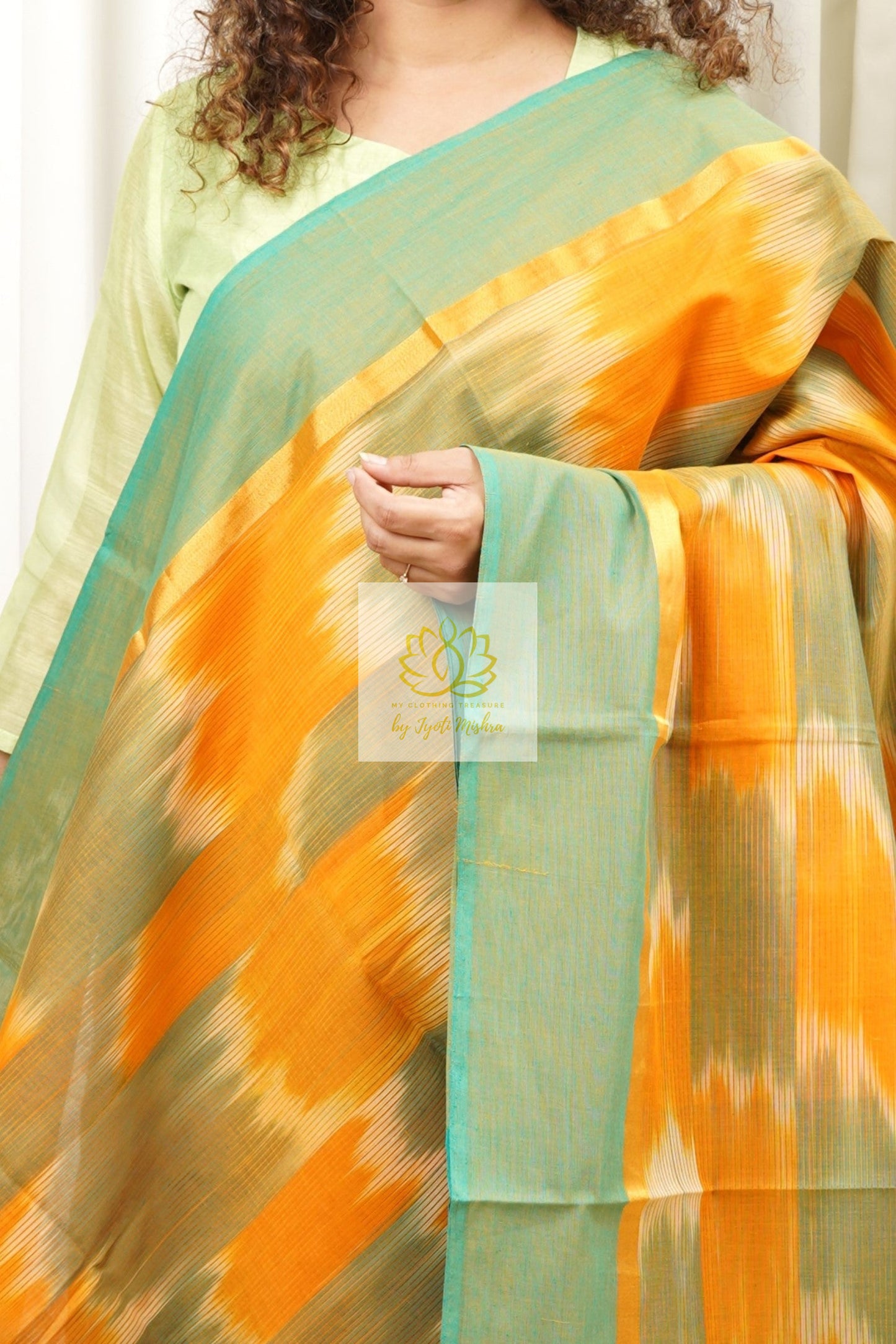 Handwoven Mangalagiri Cotton Ikkat Saree- Mustard & Cyan