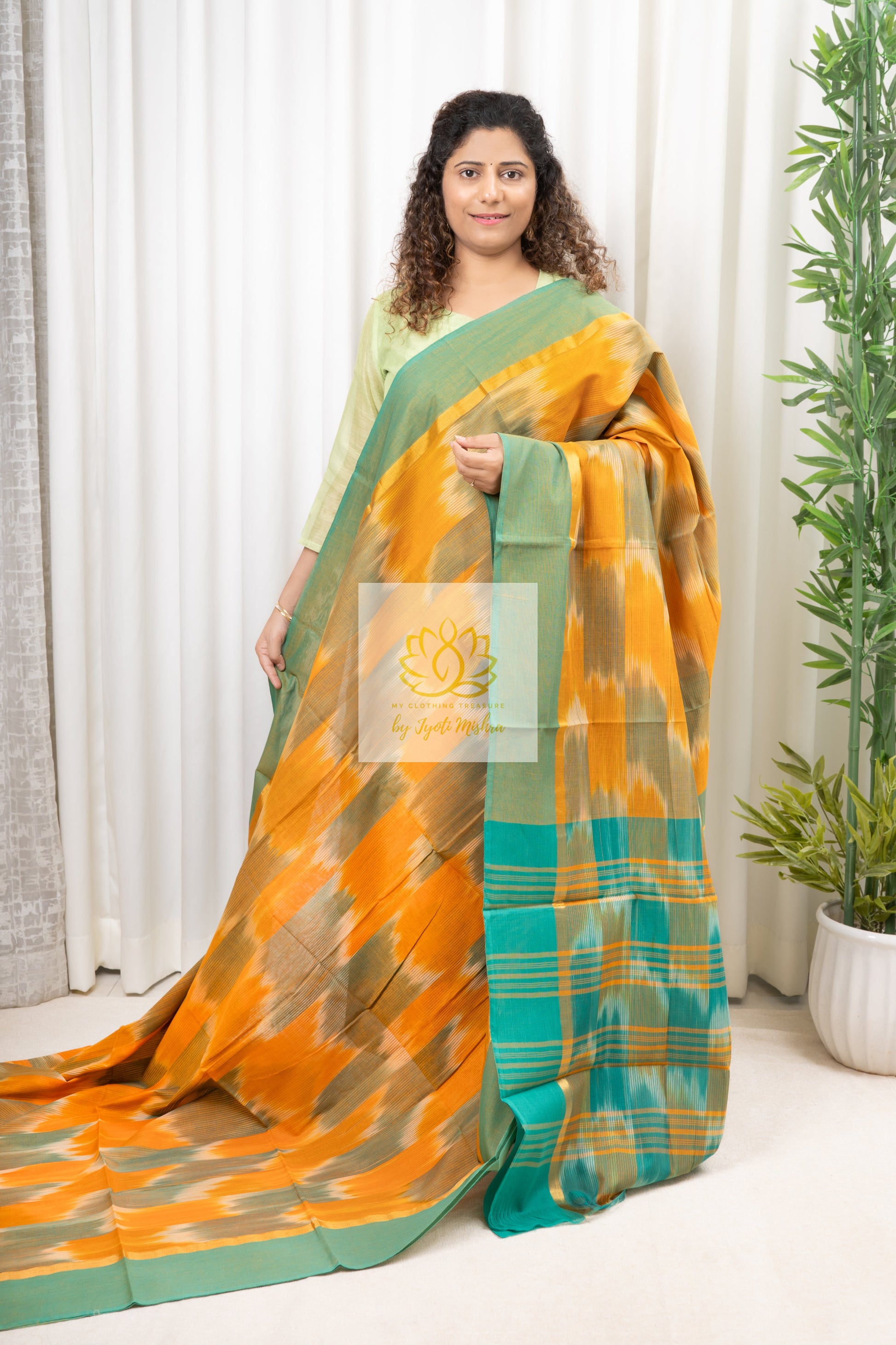 Handwoven Mangalagiri Cotton Ikkat Saree- Mustard & Cyan