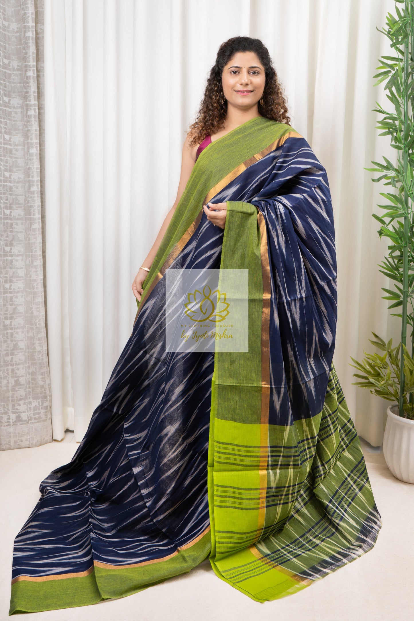 Handwoven Mangalagiri Cotton Ikkat Saree- Navy & Green