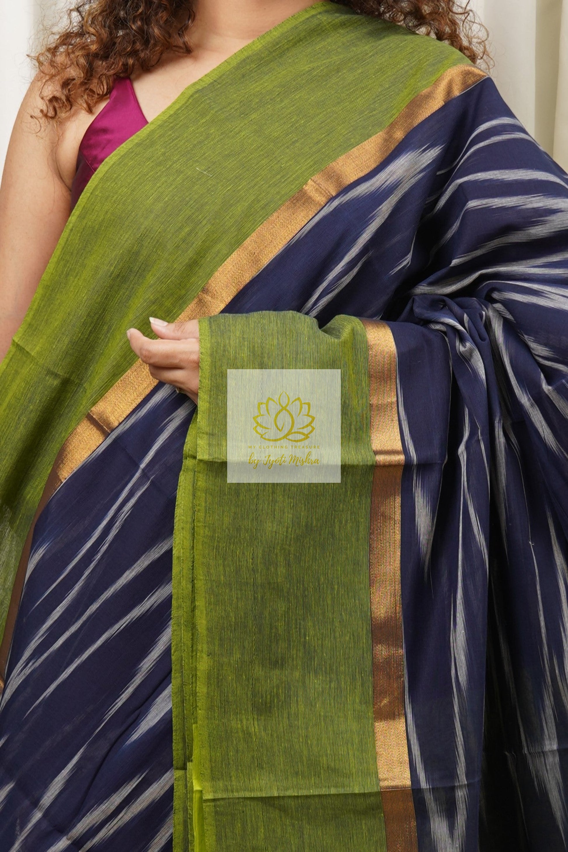 Handwoven Mangalagiri Cotton Ikkat Saree- Navy & Green