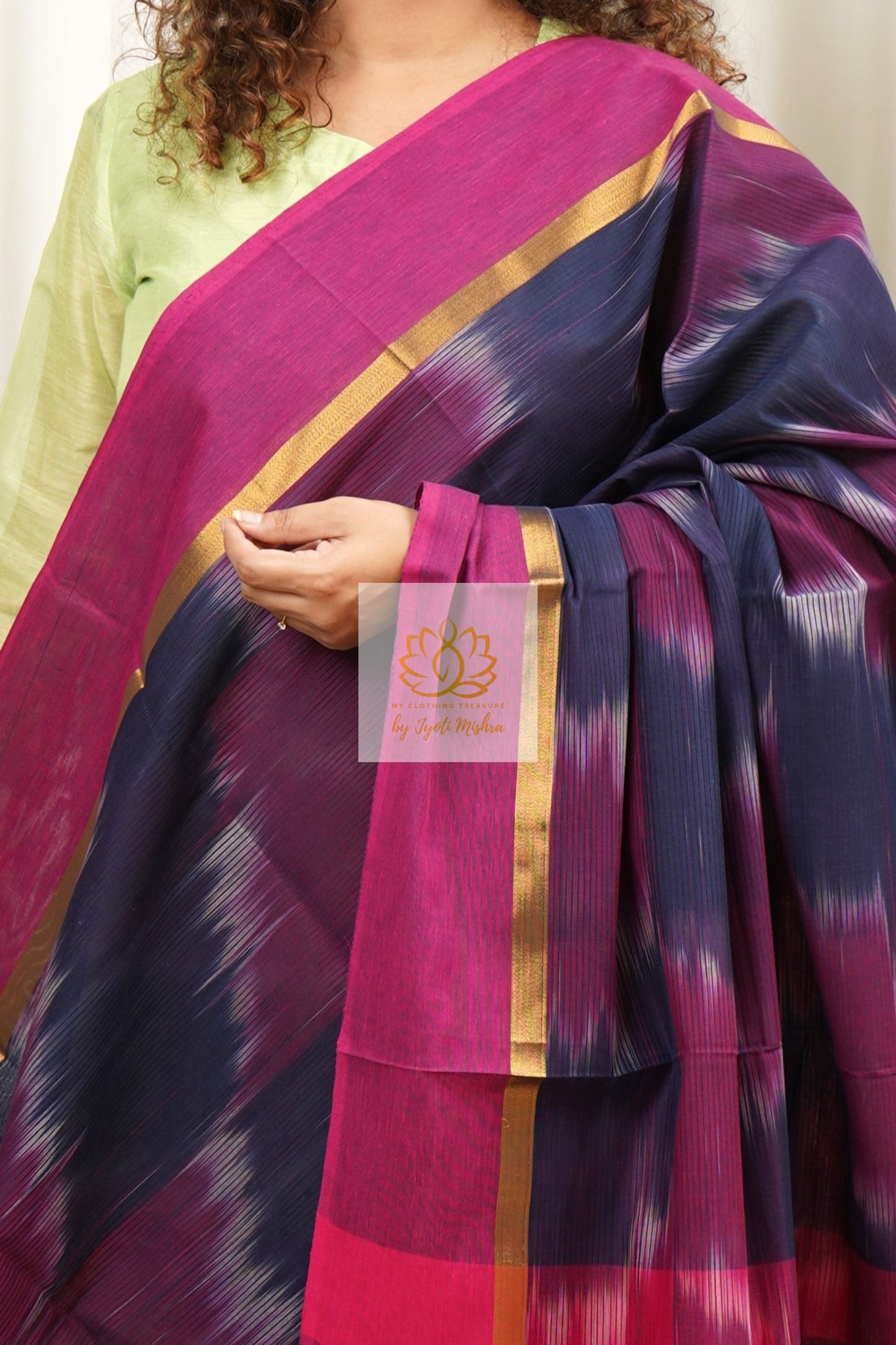 Handwoven Mangalagiri Cotton Ikkat Saree- Navy & Magenta