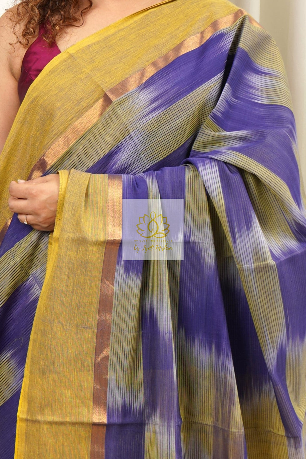 Handwoven Mangalagiri Cotton Ikkat Saree- Navy & Yellow