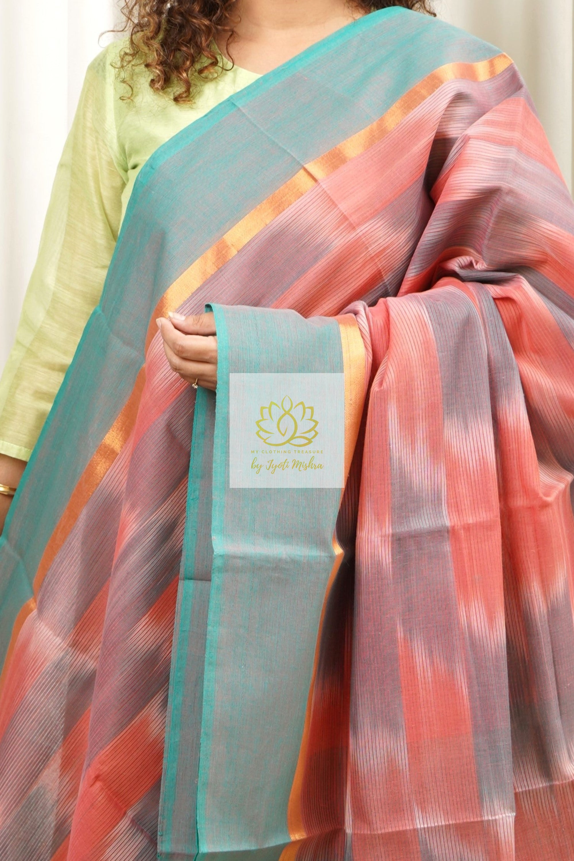 Handwoven Mangalagiri Cotton Ikkat Saree- Peach & Cyan