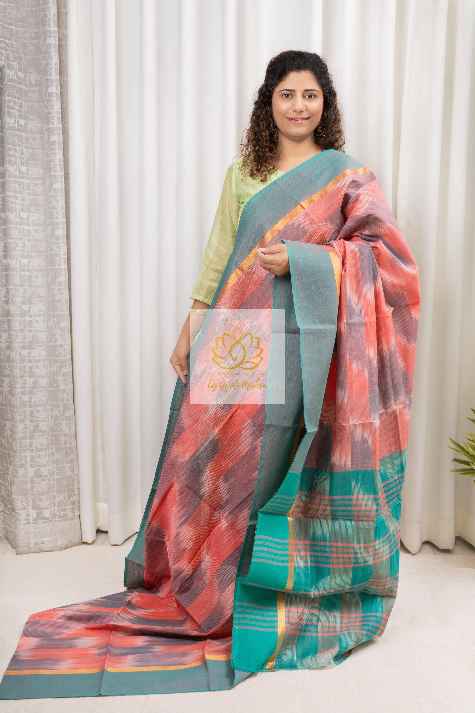 Handwoven Mangalagiri Cotton Ikkat Saree- Peach & Cyan