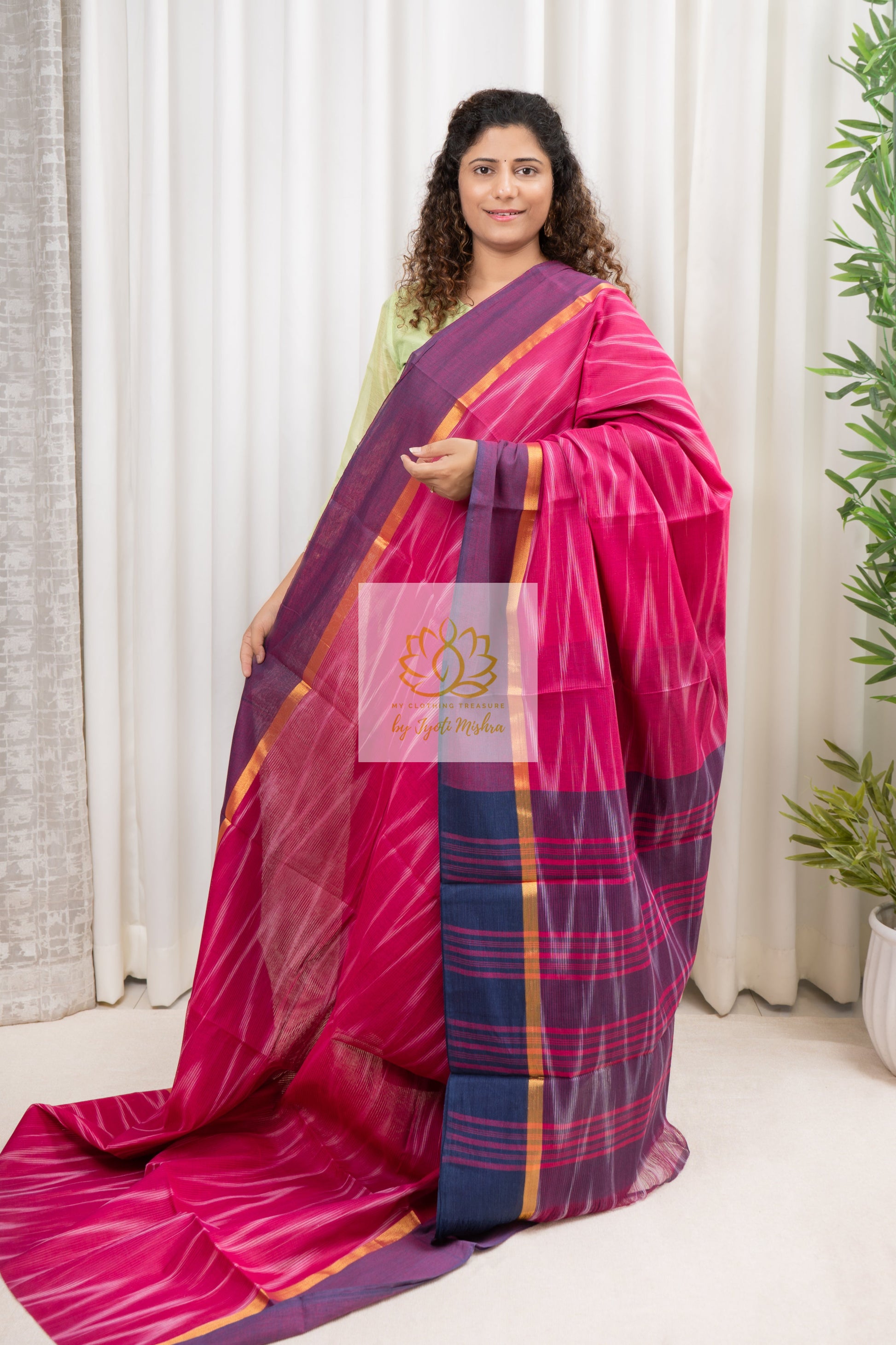 Handwoven Mangalagiri Cotton Ikkat Saree- Pink & Purple