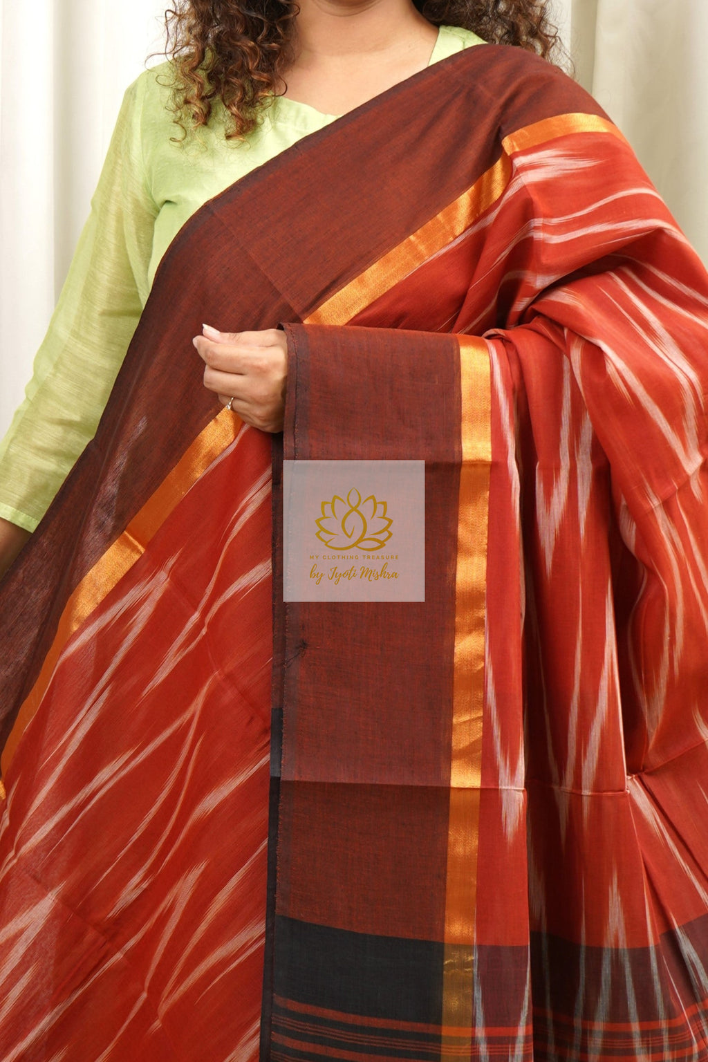 Handwoven Mangalagiri Cotton Ikkat Saree- Rust Brown