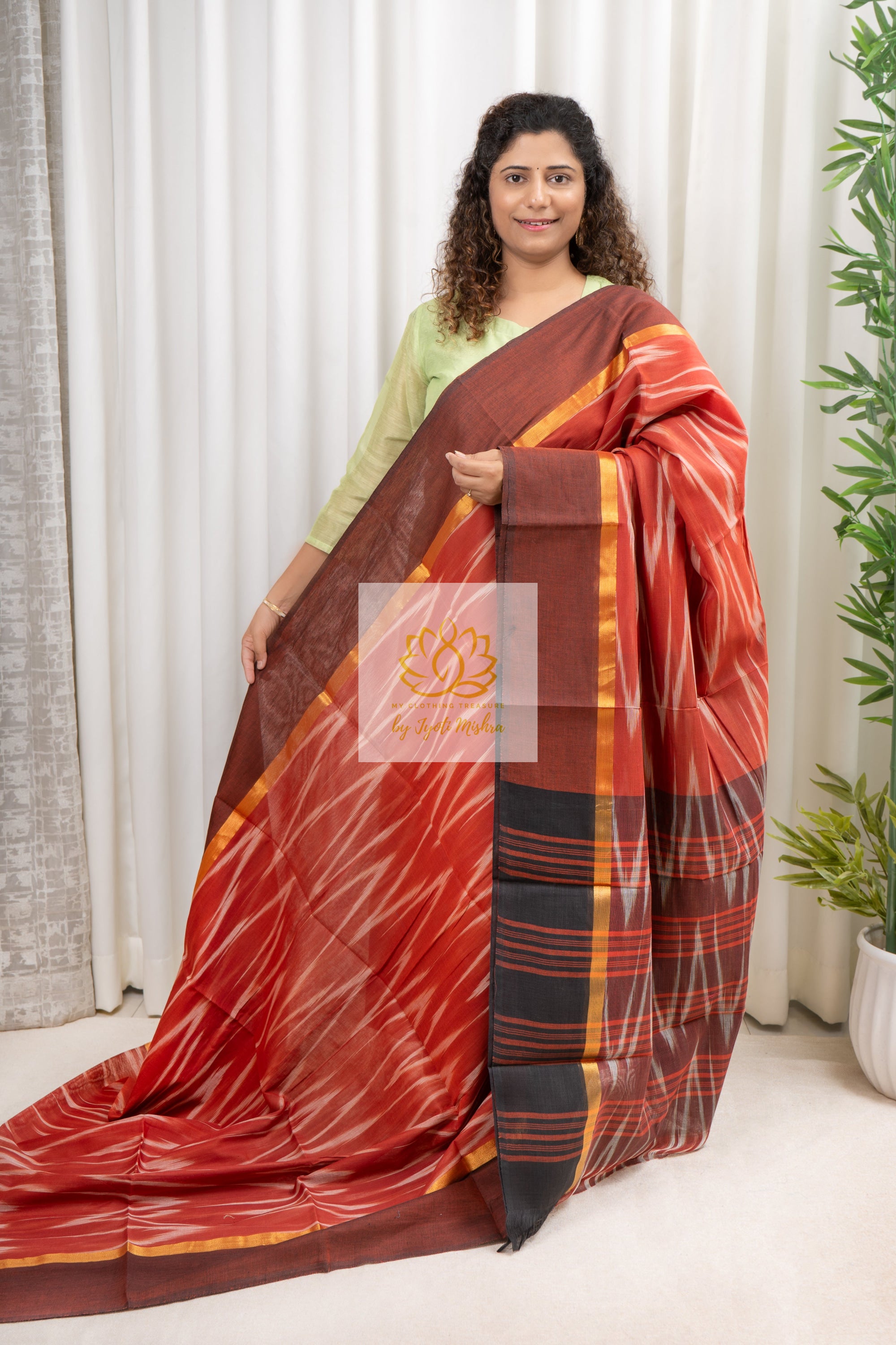 Handwoven Mangalagiri Cotton Ikkat Saree- Rust Brown