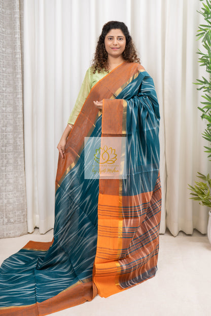 Handwoven Mangalagiri Cotton Ikkat Saree- Teal & Rust Orange