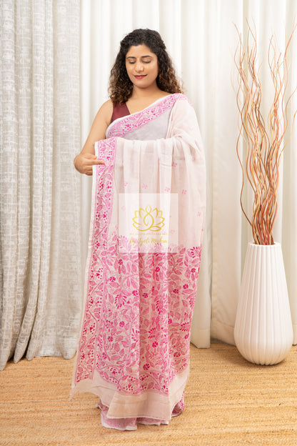 Handwoven Mulmul Kantha Saree- Champaign