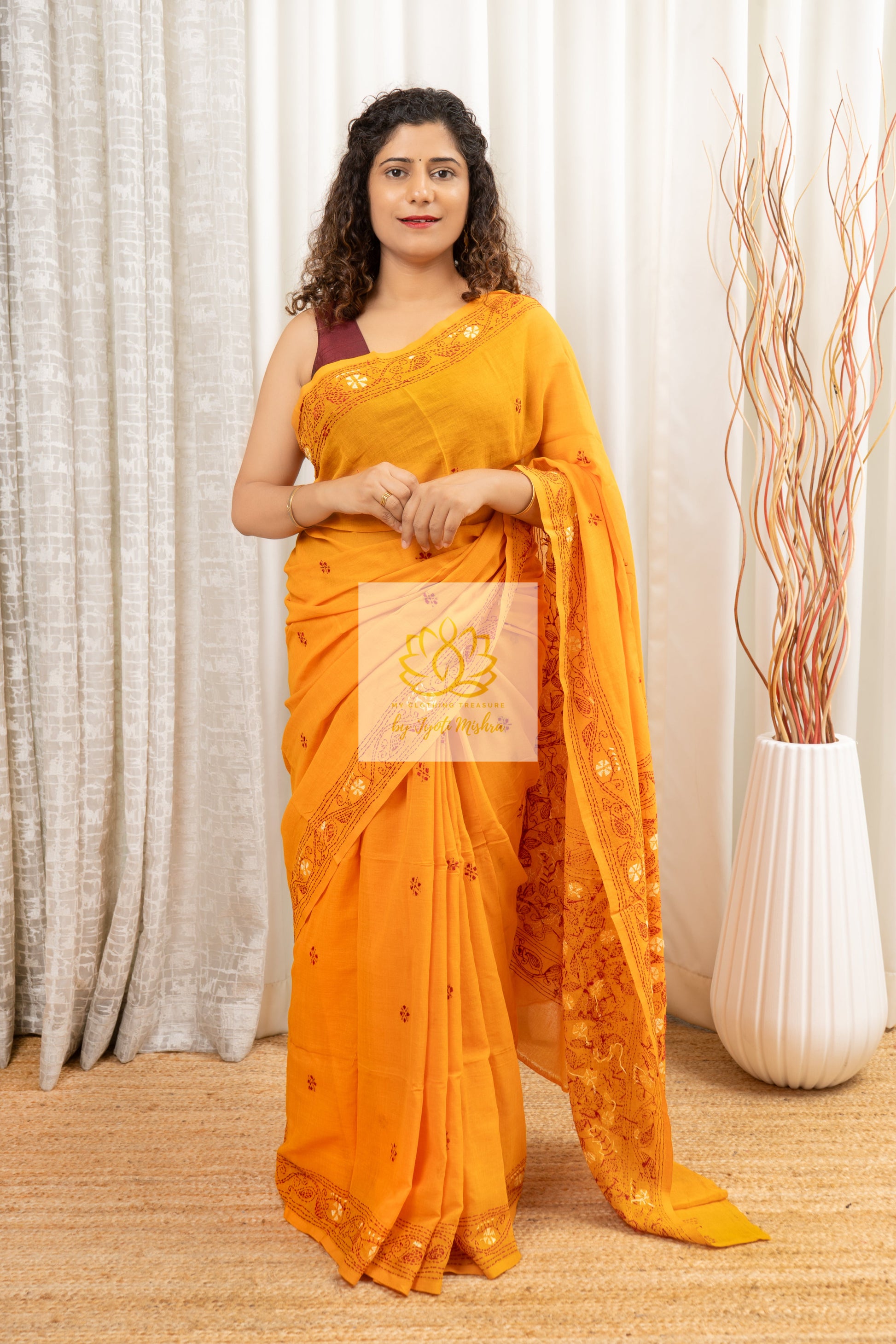 Handwoven Mulmul Kantha Saree- Mustard Yellow