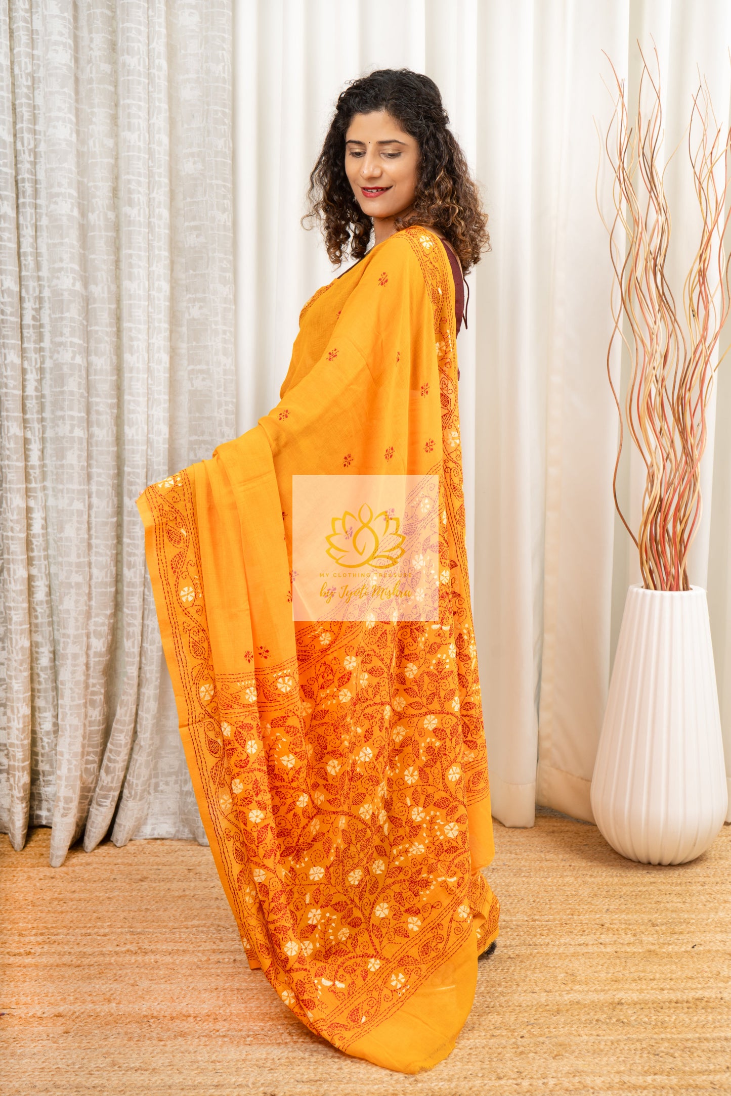 Handwoven Mulmul Kantha Saree- Mustard Yellow